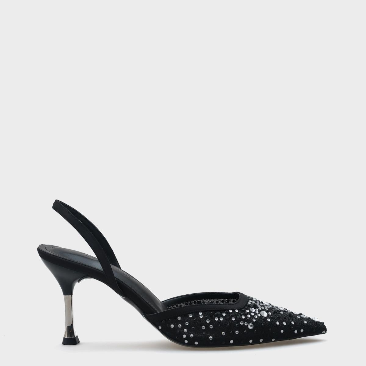 Capone Medium Heeled Mesh Full Crystal Embellished Metal Heeled Women Black Stylish Shoes