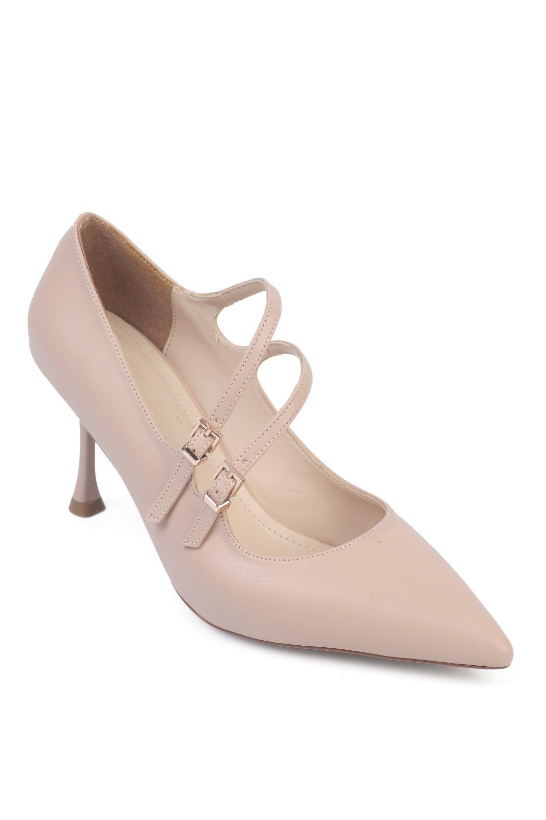 Capone Medium Heeled Pointed Toe Strapped Women Beige Shoes