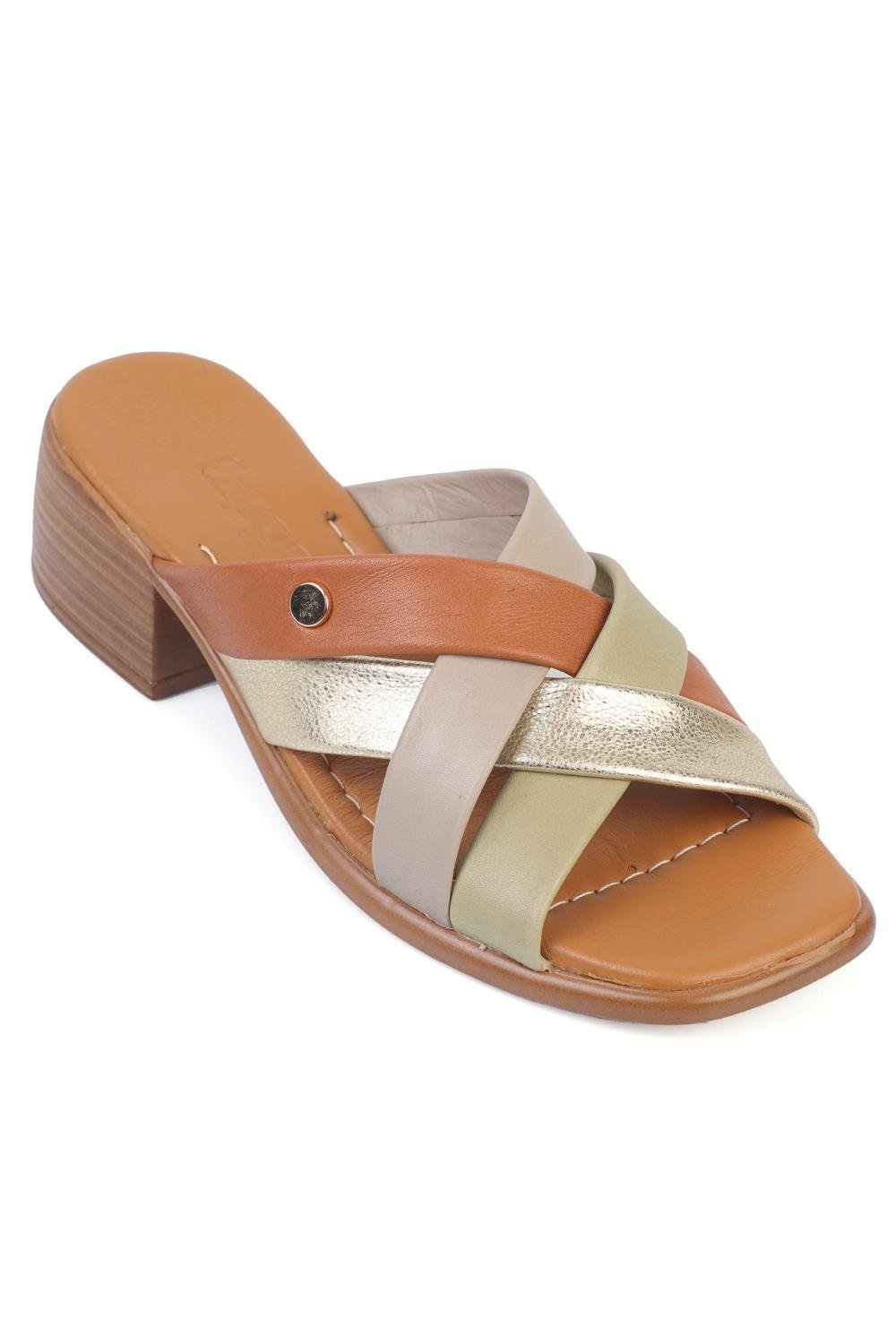 Capone Melania Genuine Leather Mid Heel Women Tan Sandal