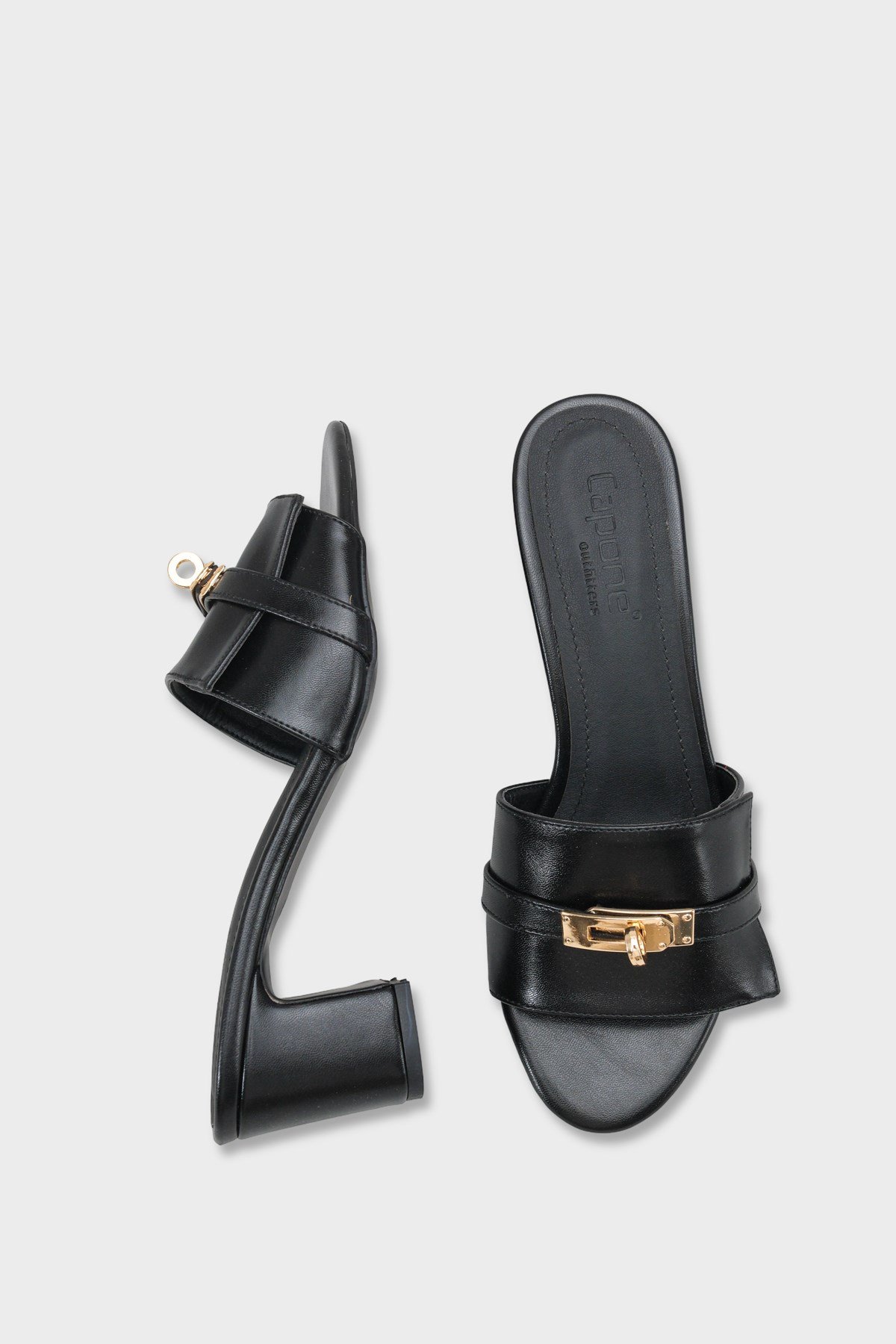 Capone Melinde Mid Heel Metal Buckle Single Band Women Black Sandal