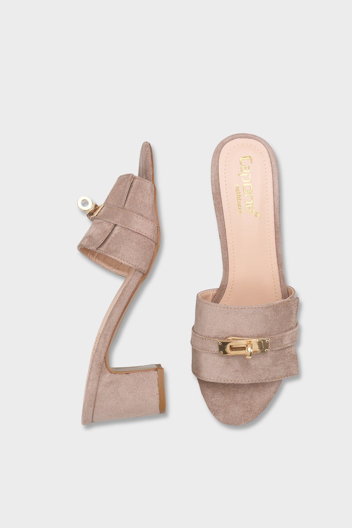 Capone Melinde Mid Heel Metal Buckle Single Band Women Sued Mink Sandal