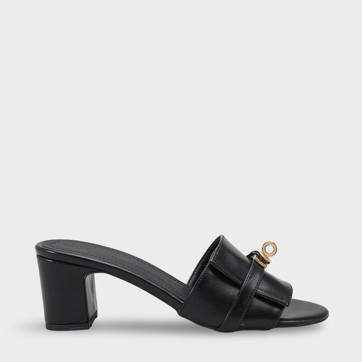 Capone Melinde Mid Heel Metal Buckle Single Band Women Black Sandal