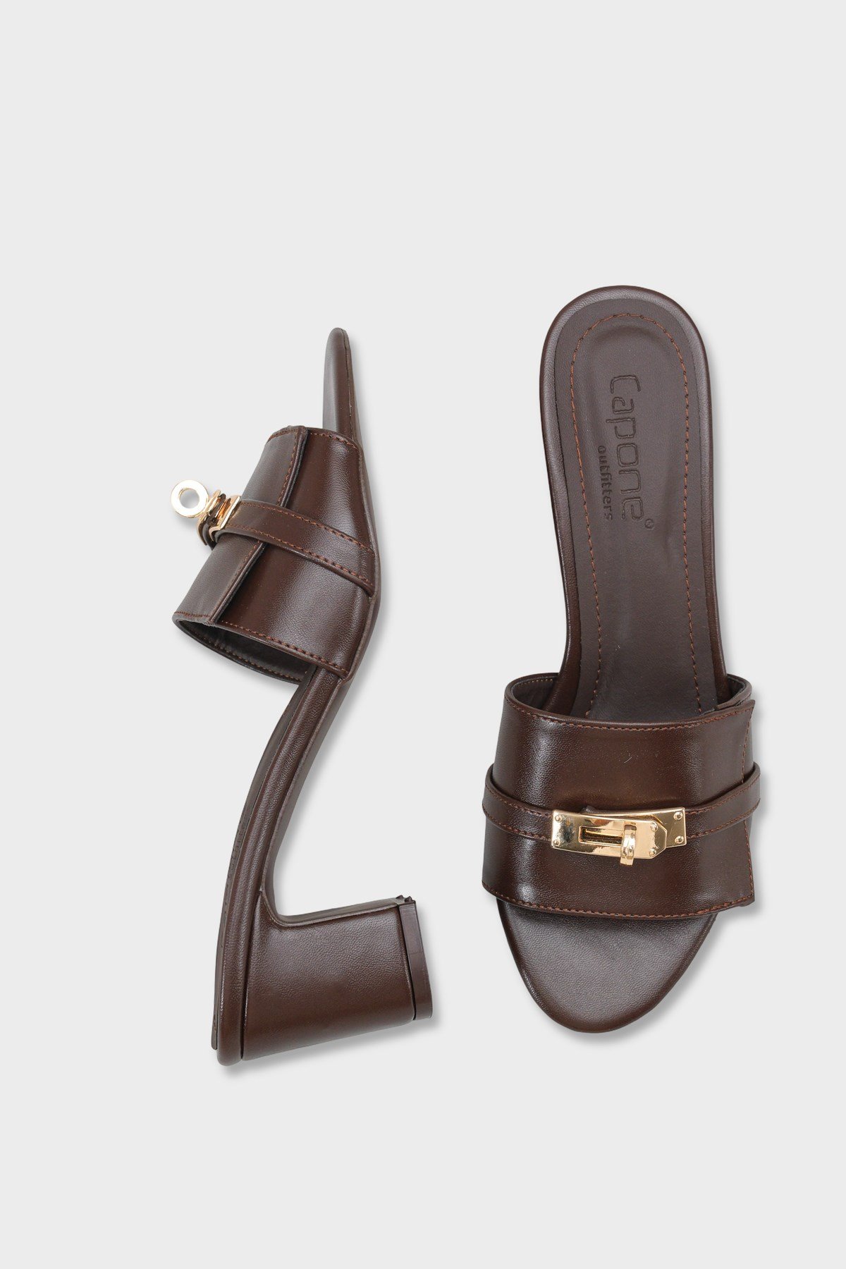 Capone Melinde Mid Heel Metal Buckle Single Band Women Brown Sandal