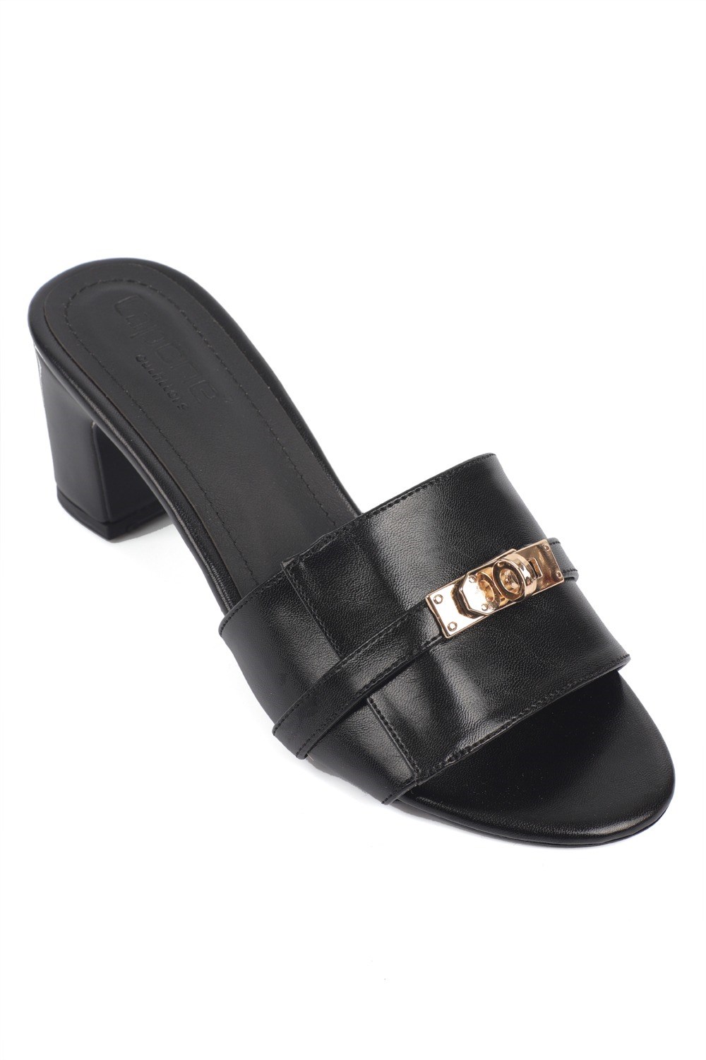 Capone Melinde Mid Heel Metal Buckle Single Band Women Black Sandal