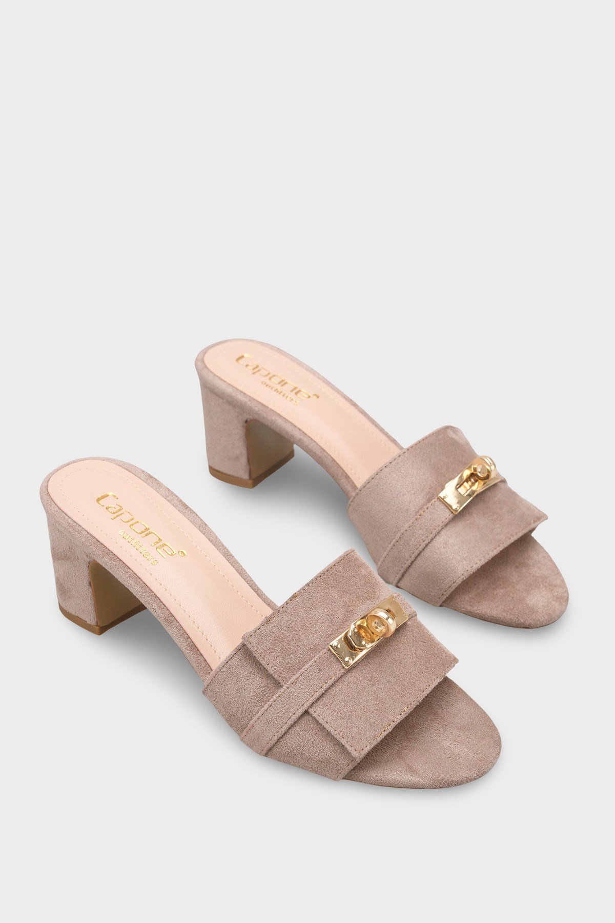 Capone Melinde Mid Heel Metal Buckle Single Band Women Sued Mink Sandal