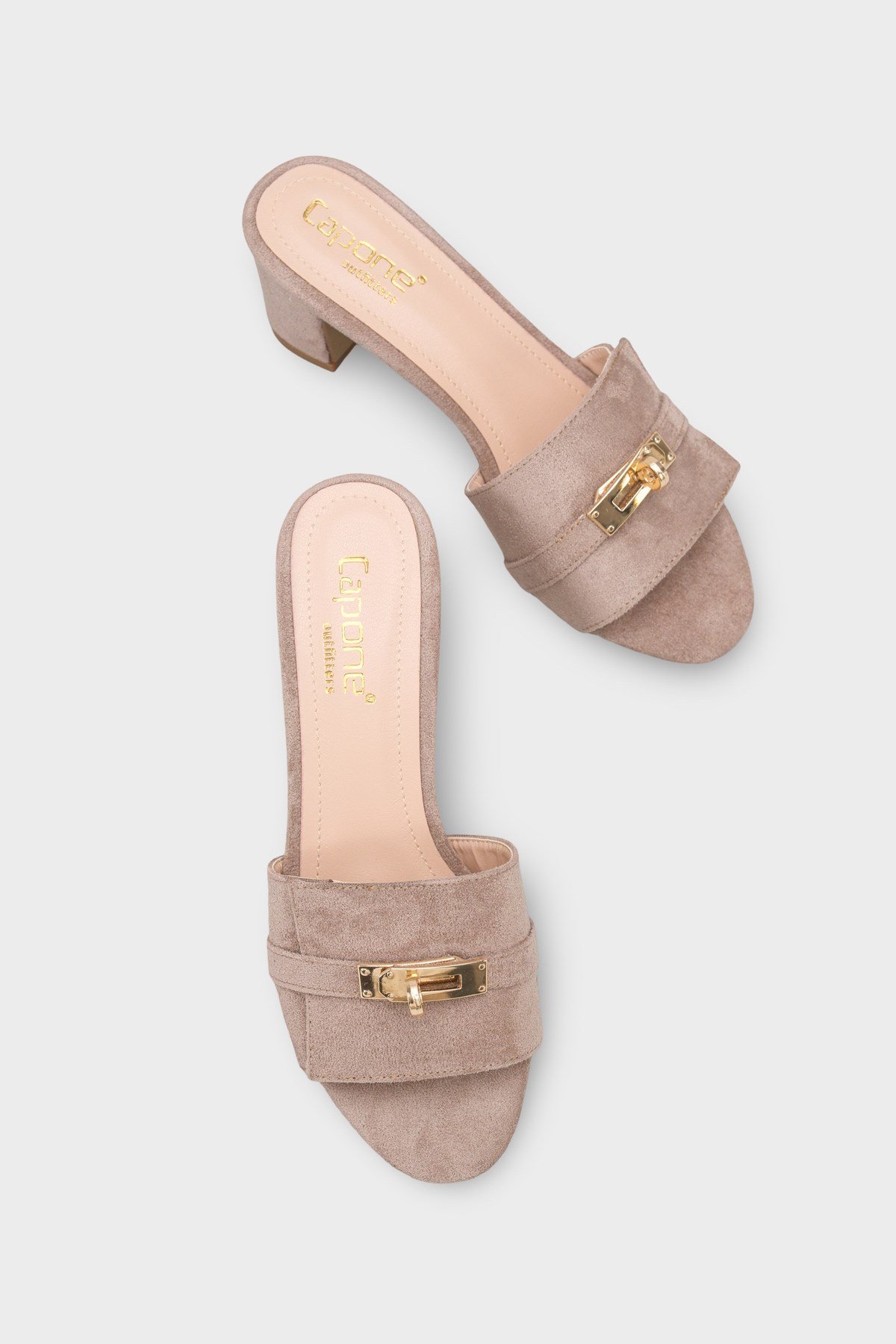 Capone Melinde Mid Heel Metal Buckle Single Band Women Sued Mink Sandal
