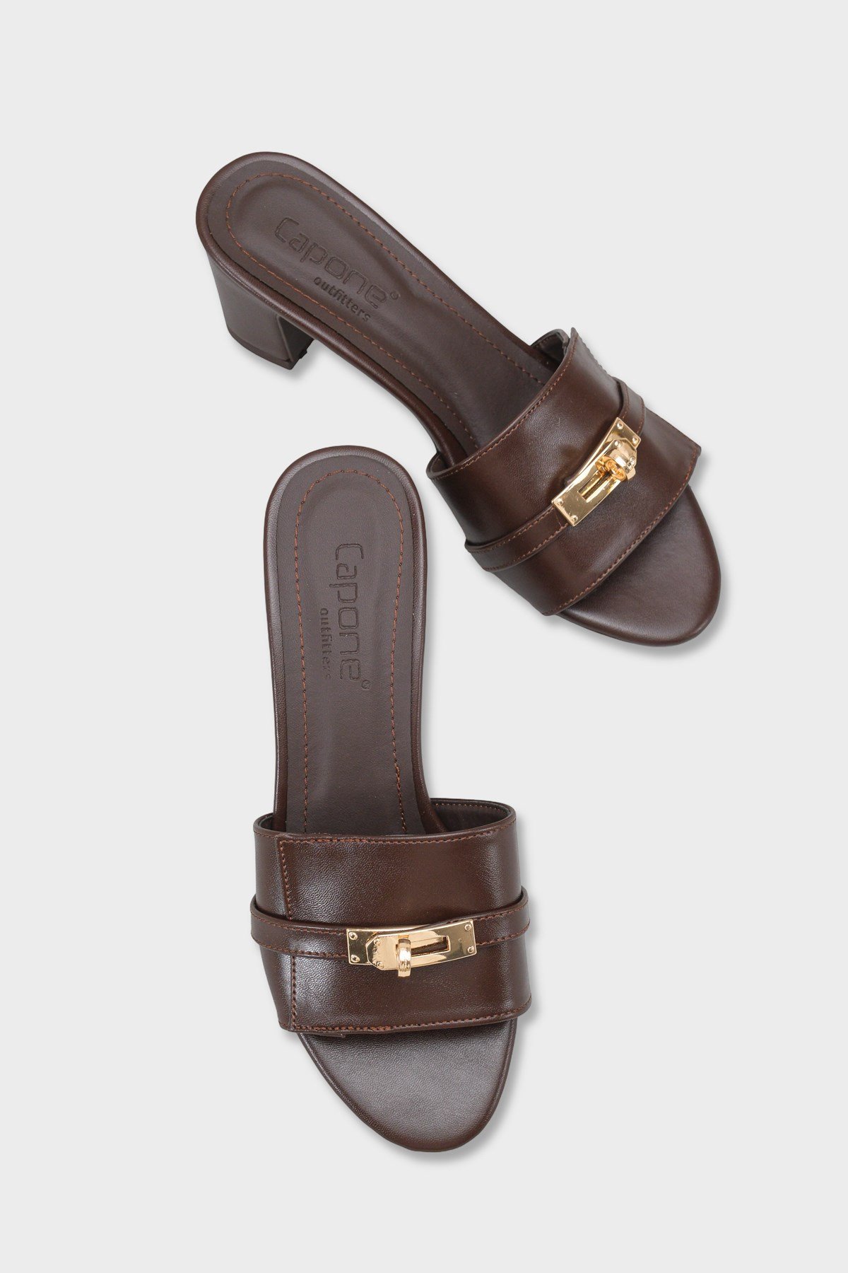 Capone Melinde Mid Heel Metal Buckle Single Band Women Brown Sandal