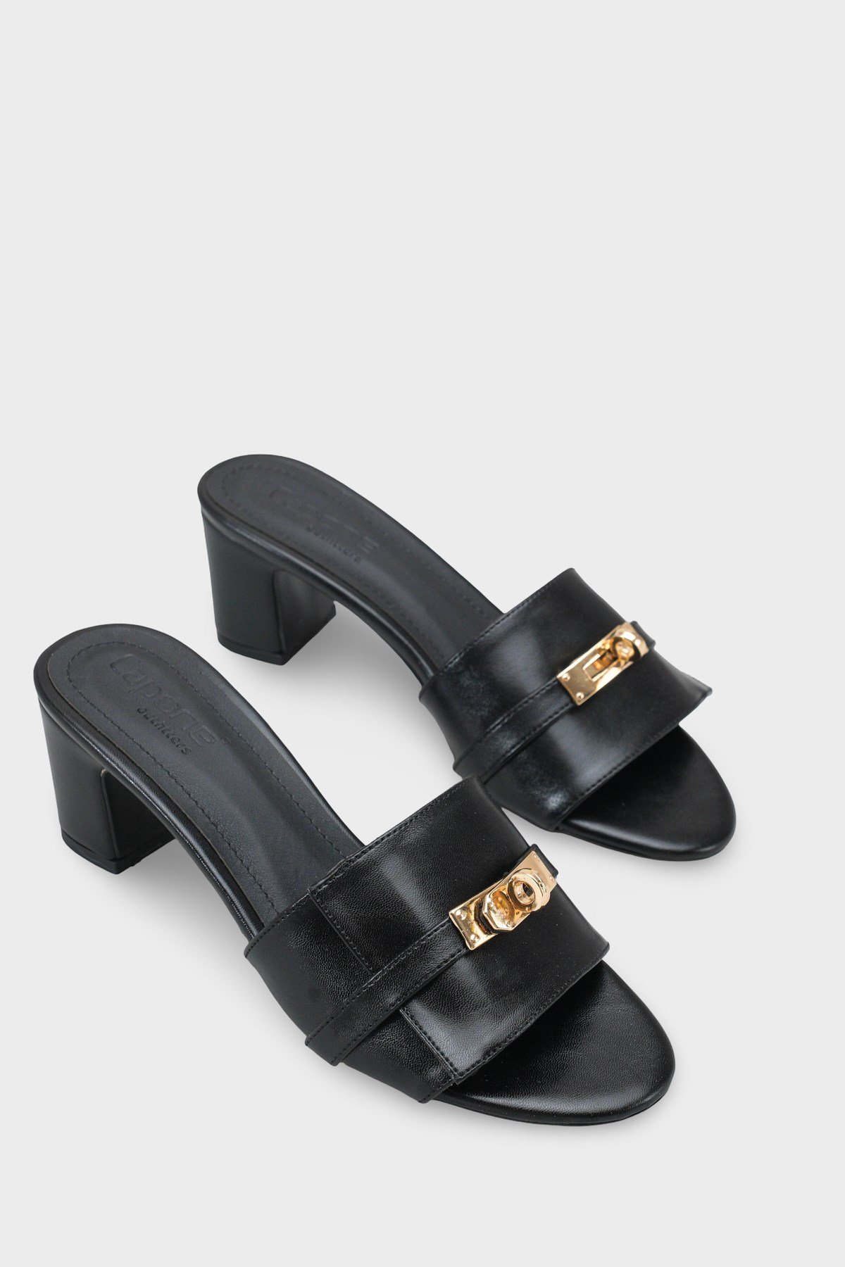Capone Melinde Mid Heel Metal Buckle Single Band Women Black Sandal