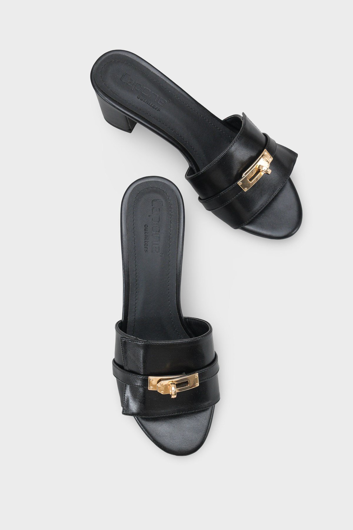 Capone Melinde Mid Heel Metal Buckle Single Band Women Black Sandal
