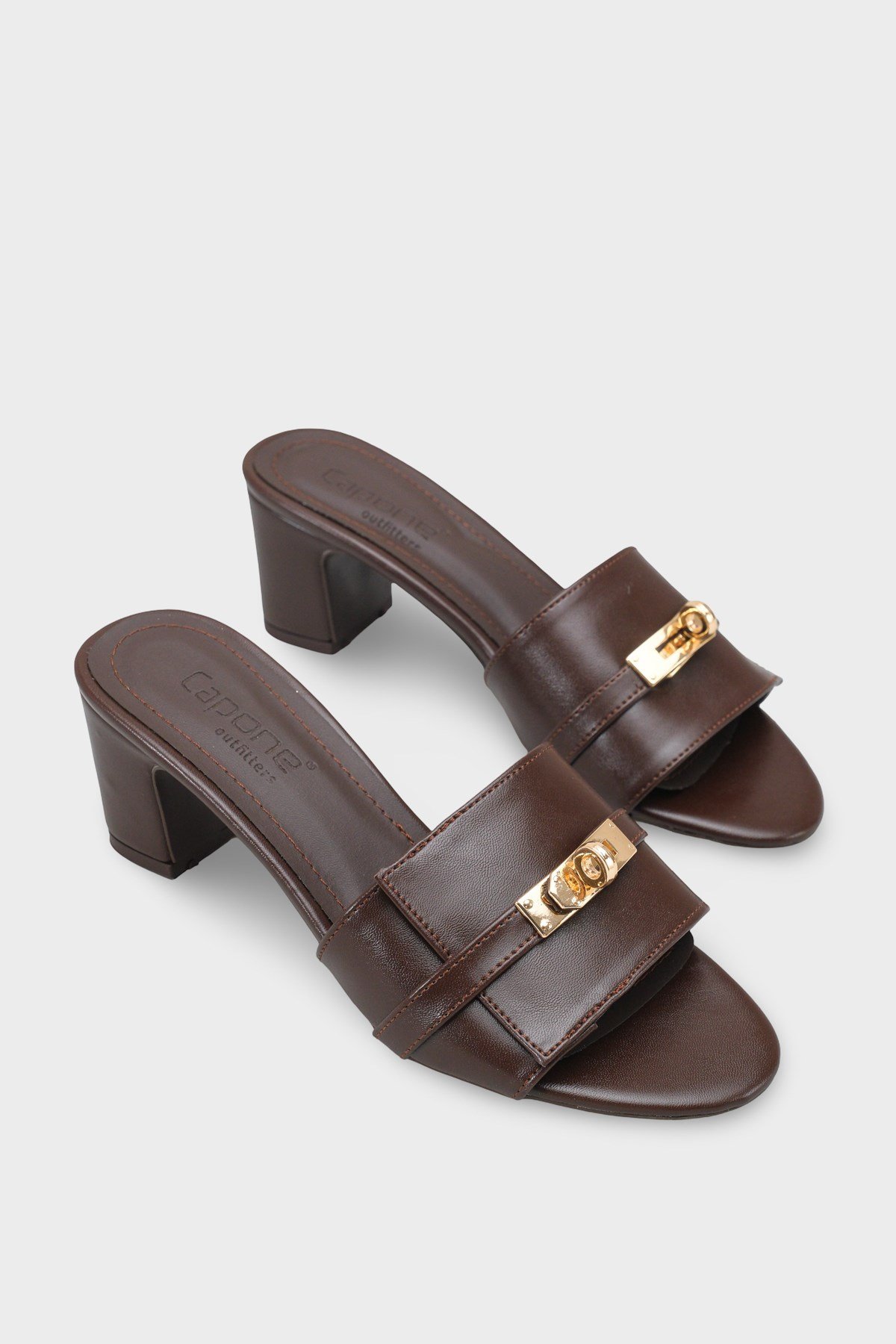 Capone Melinde Mid Heel Metal Buckle Single Band Women Brown Sandal