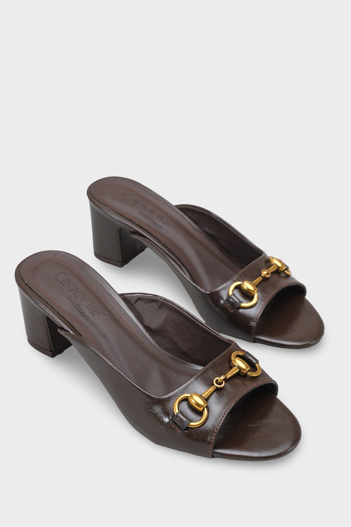 Capone Melloney Mid Heel Metal Buckle Single Band Women Brown Sandal