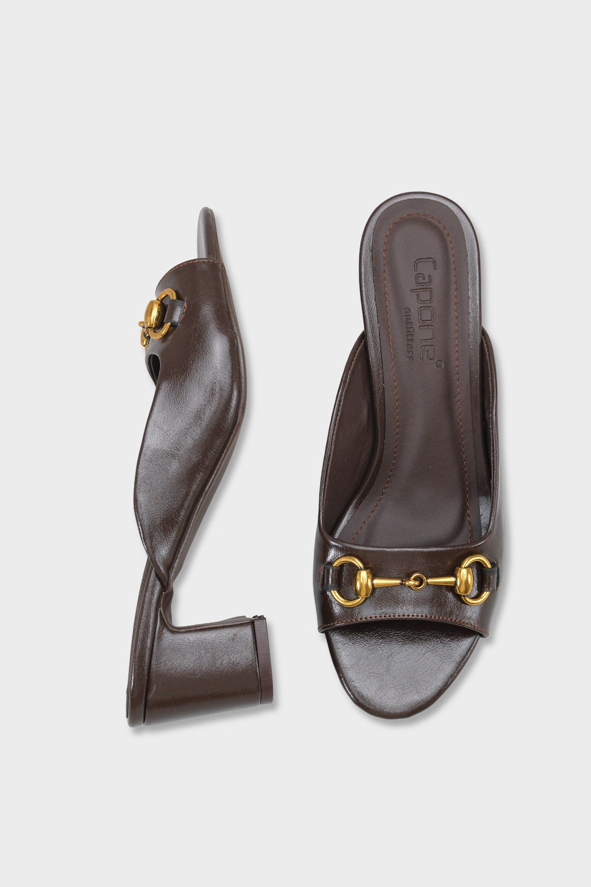 Capone Melloney Mid Heel Metal Buckle Single Band Women Brown Sandal