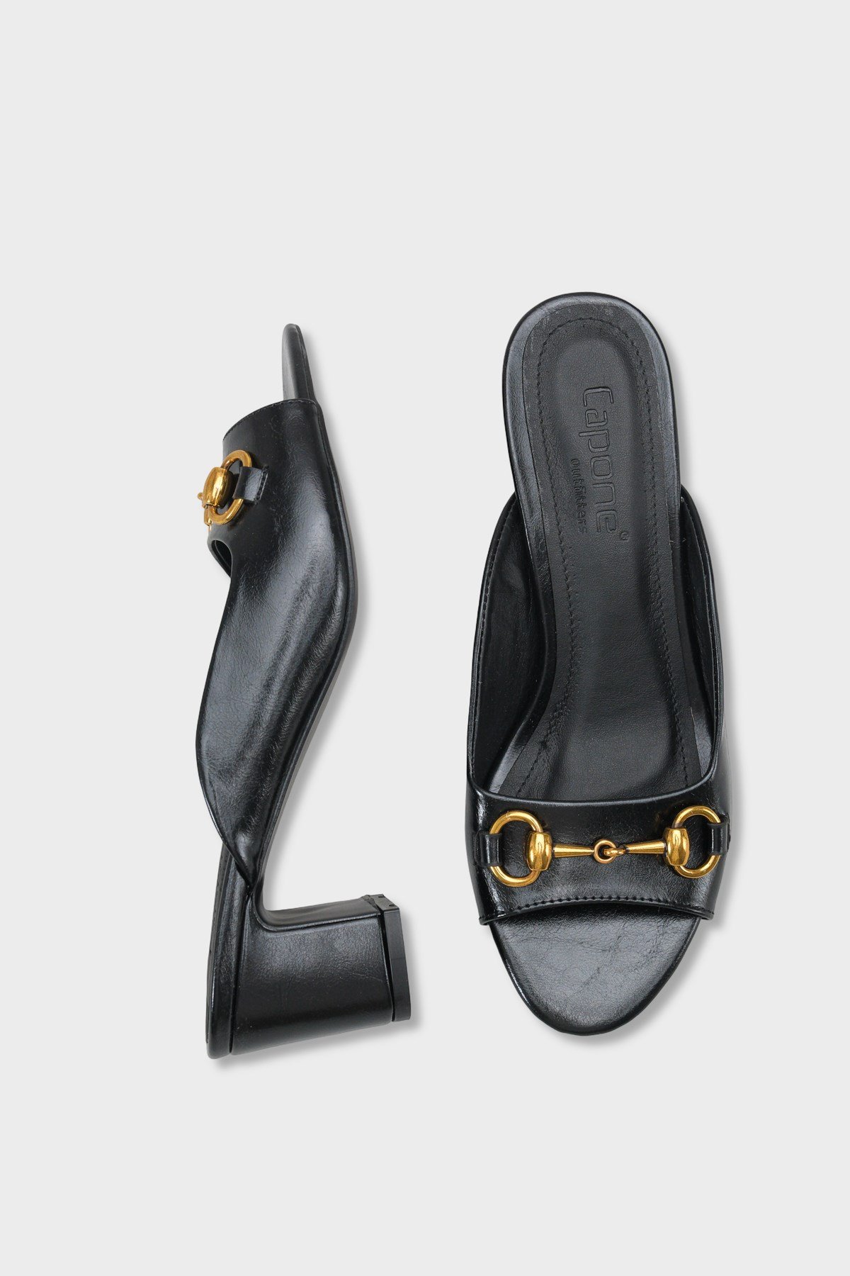 Capone Melloney Mid Heel Metal Buckle Single Band Women Black Sandal