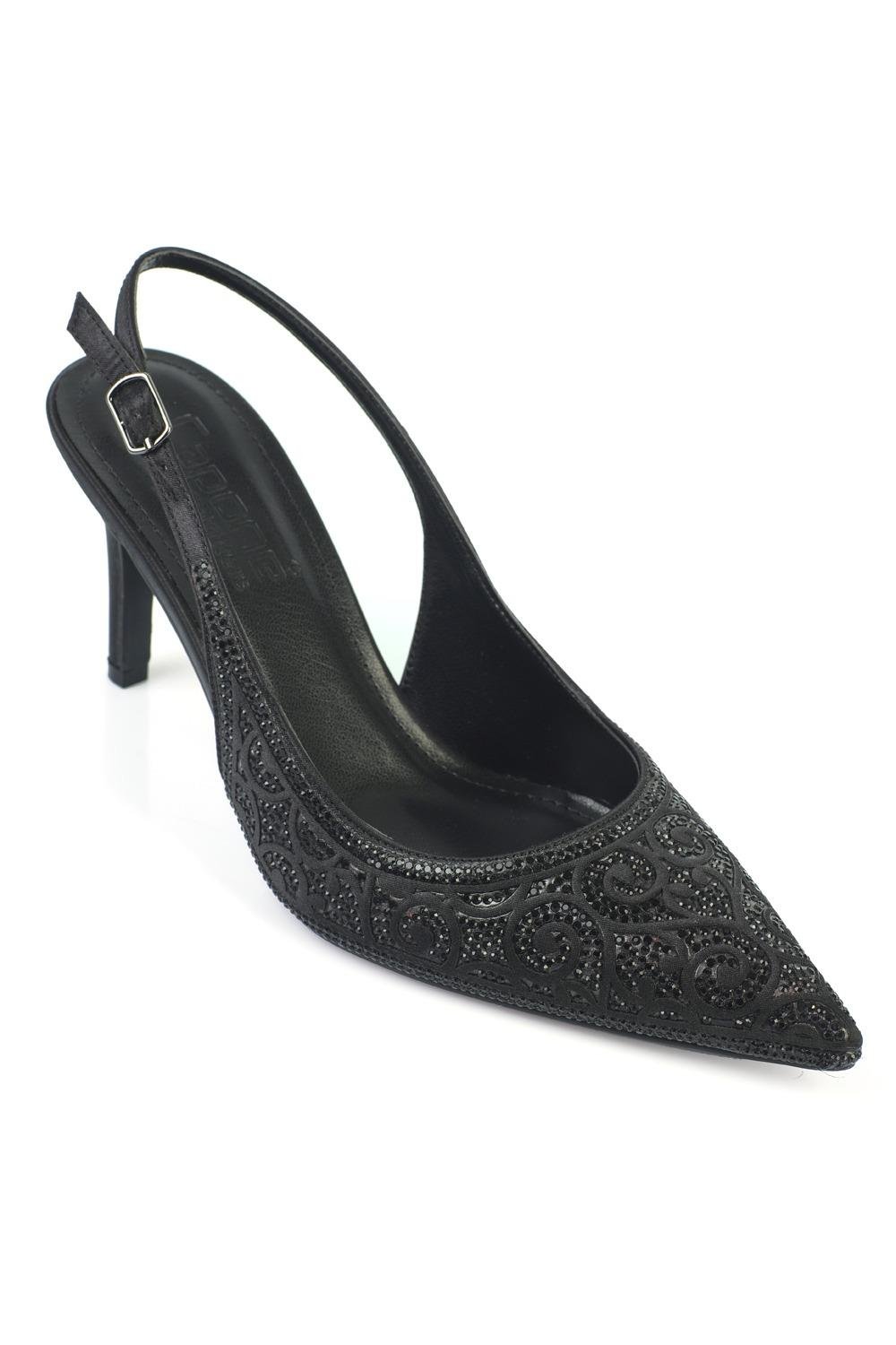 Capone Melony Mid Heel Crystal Embellished Open Back Satin Women Satin Black Wedding Shoe