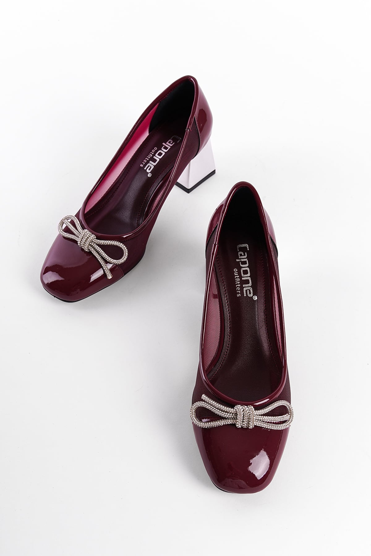 Capone Mesh Crystal Embellished Mid Heel Women Patent Burgundy Shoes