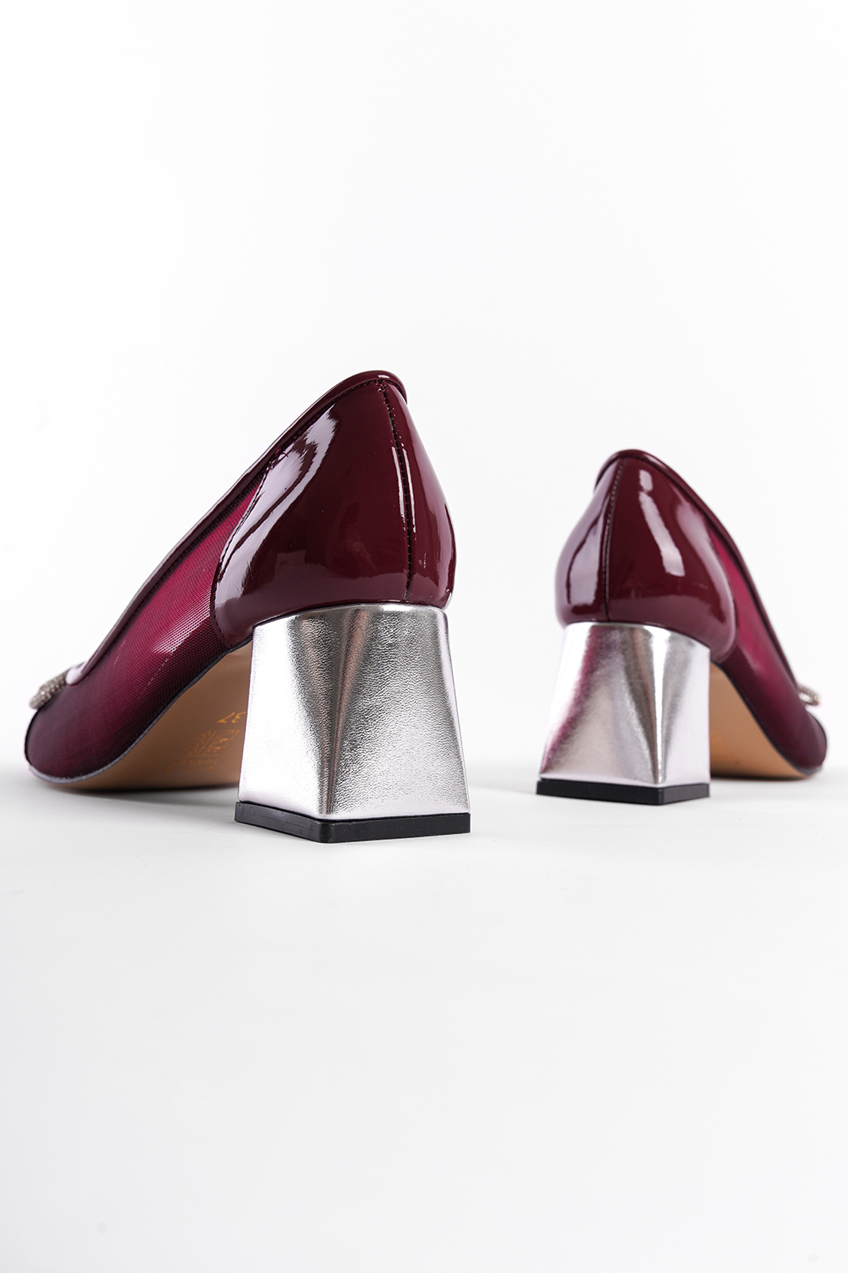Capone Mesh Crystal Embellished Mid Heel Women Patent Burgundy Shoes