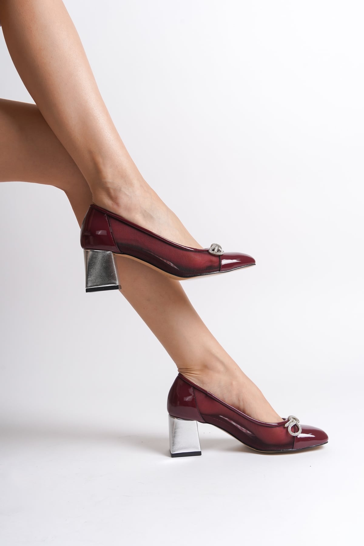Capone Mesh Crystal Embellished Mid Heel Women Patent Burgundy Shoes