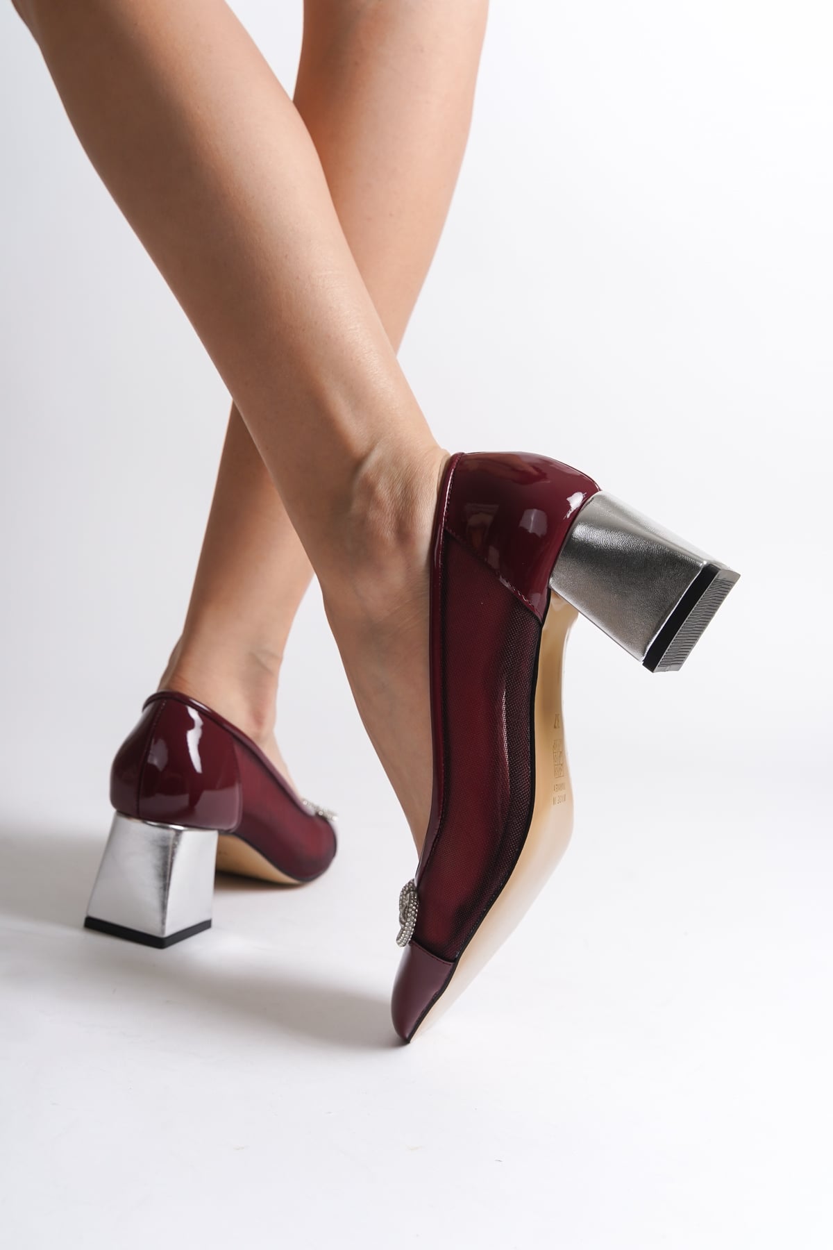 Capone Mesh Crystal Embellished Mid Heel Women Patent Burgundy Shoes