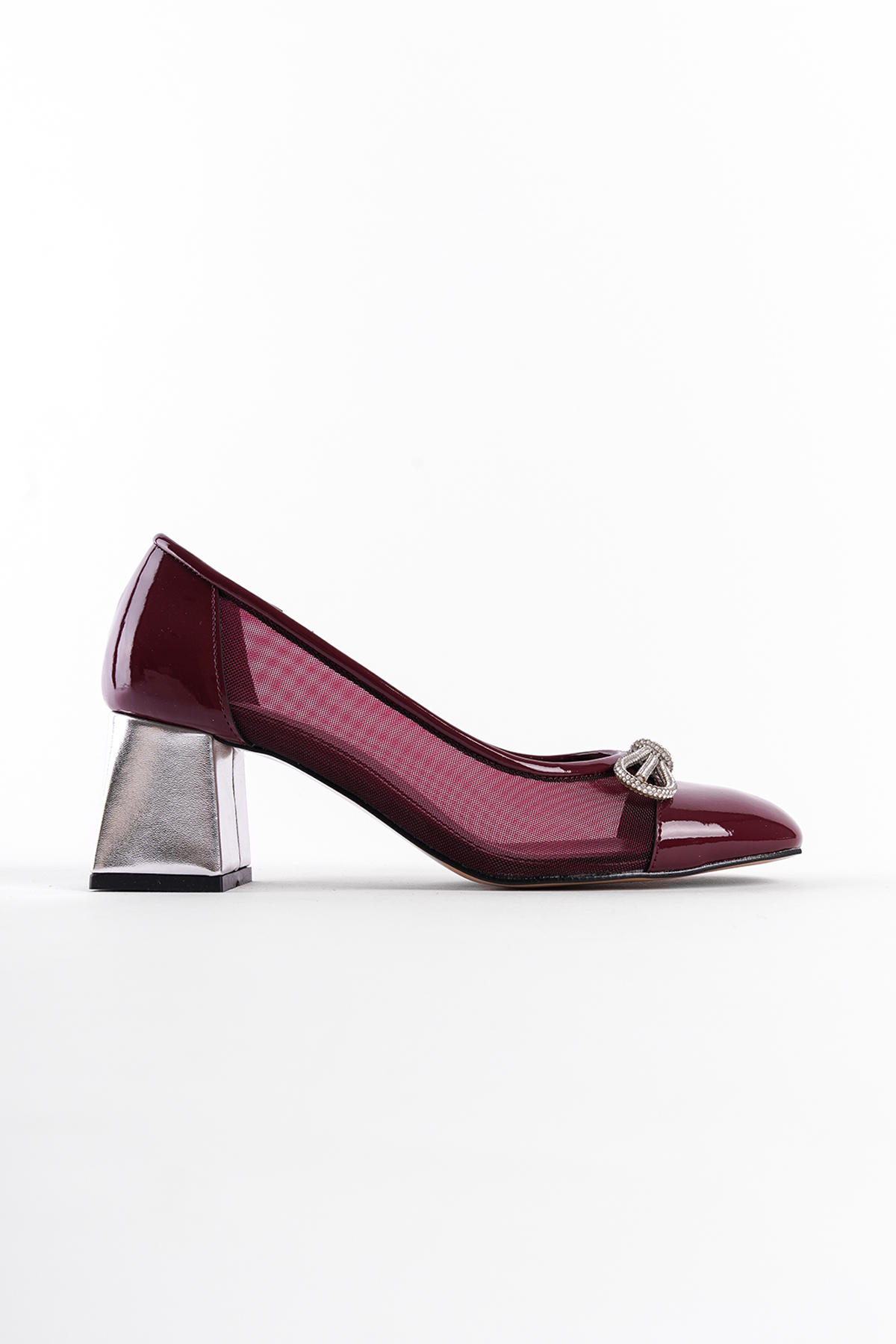 Capone Mesh Crystal Embellished Mid Heel Women Patent Burgundy Shoes