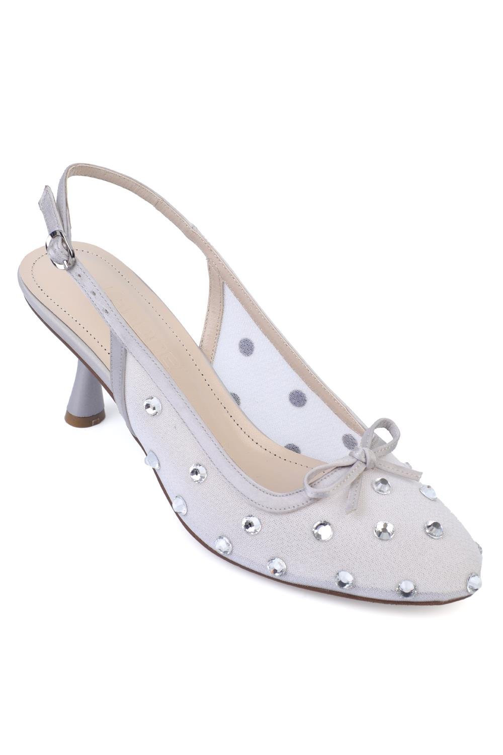 Capone Mesh Crystal Embellished Round Toe Back Strap Women Silver Shoes