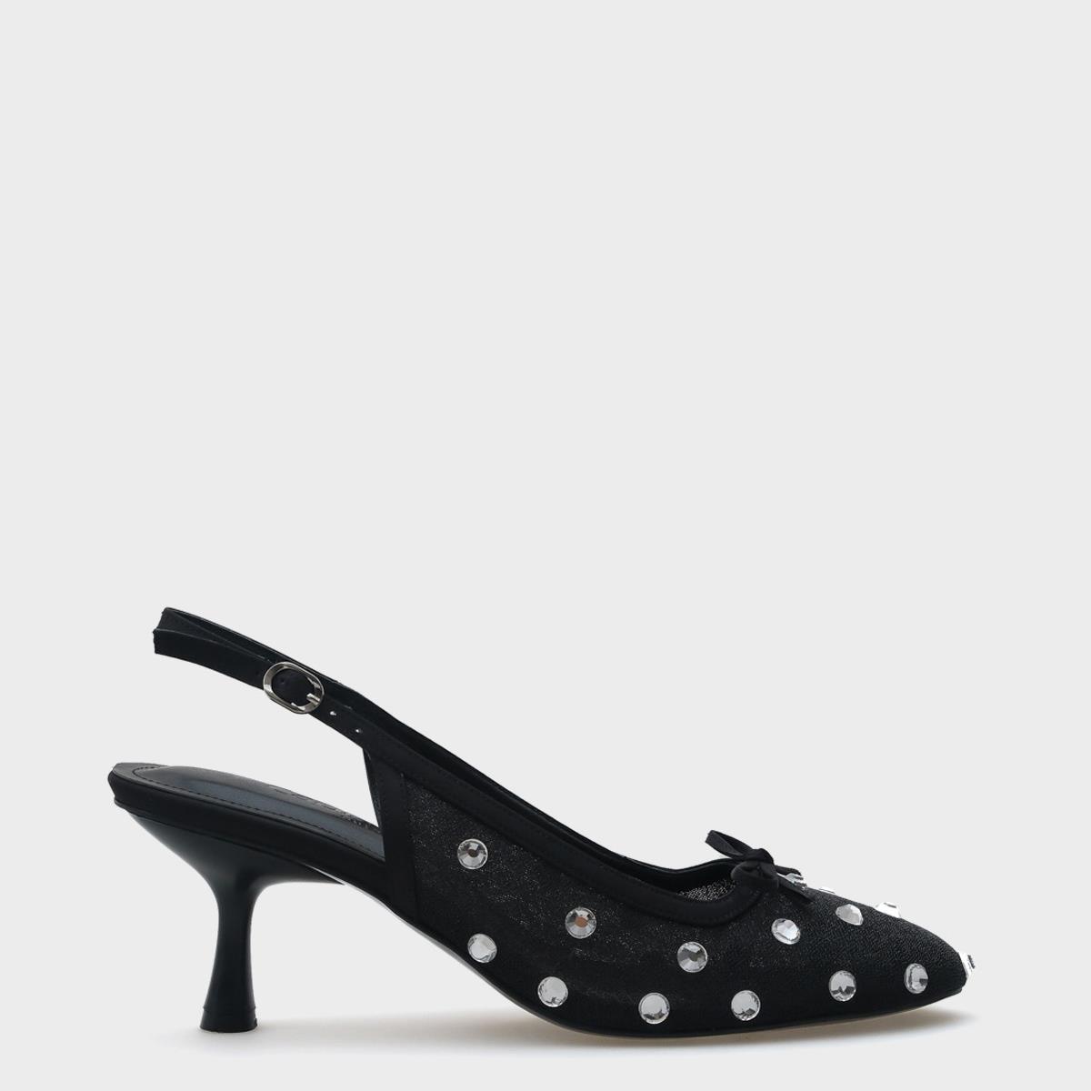 Capone Mesh Crystal Embellished Round Toe Back Strap Women Black Shoes