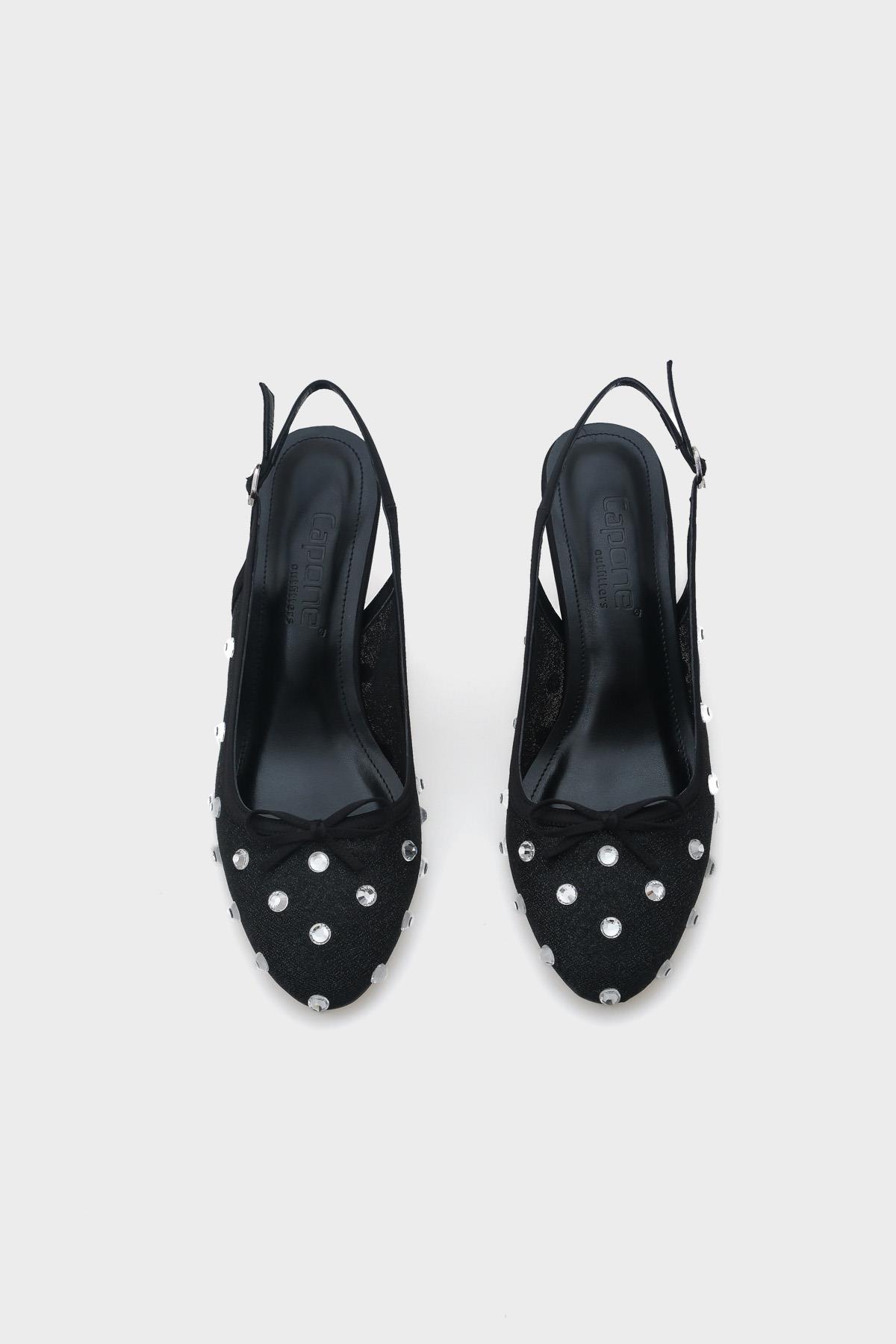 Capone Mesh Crystal Embellished Round Toe Back Strap Women Black Shoes