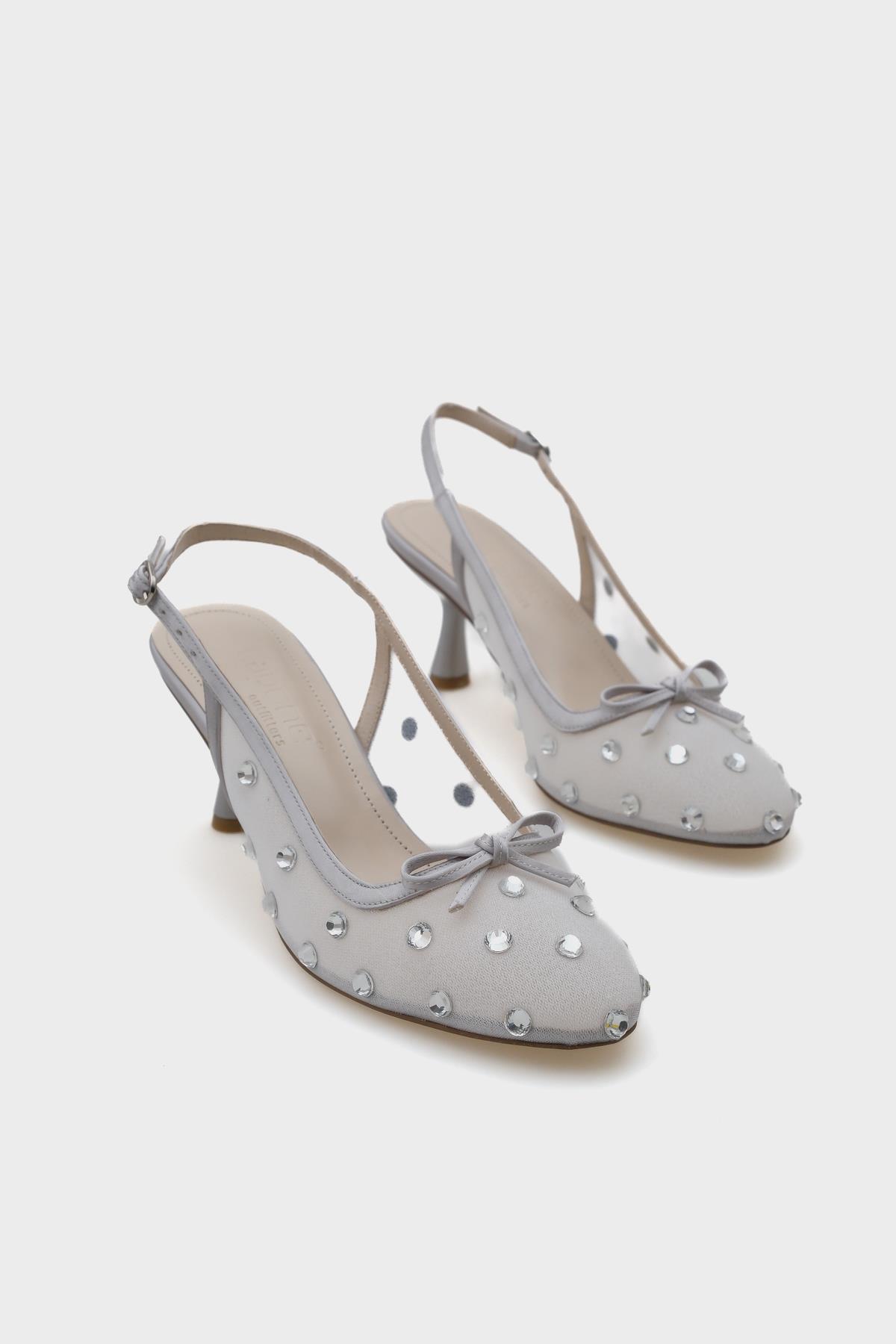 Capone Mesh Crystal Embellished Round Toe Back Strap Women Silver Shoes