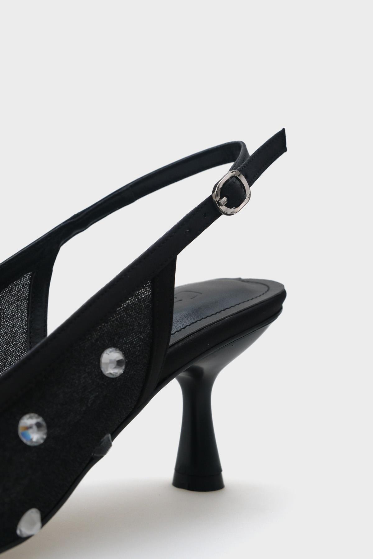 Capone Mesh Crystal Embellished Round Toe Back Strap Women Black Shoes