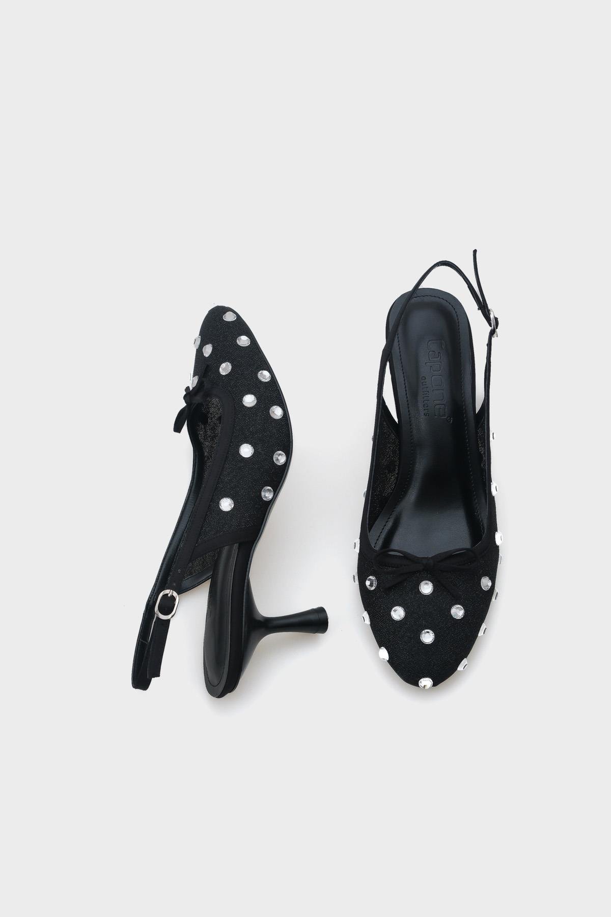 Capone Mesh Crystal Embellished Round Toe Back Strap Women Black Shoes
