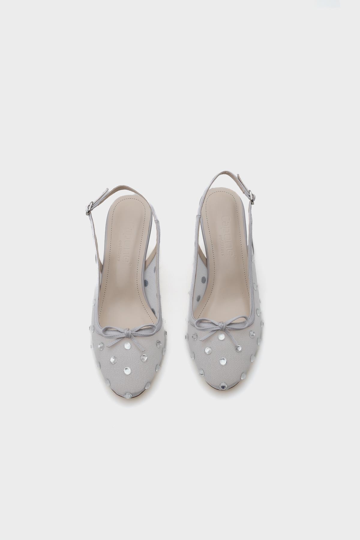 Capone Mesh Crystal Embellished Round Toe Back Strap Women Silver Shoes