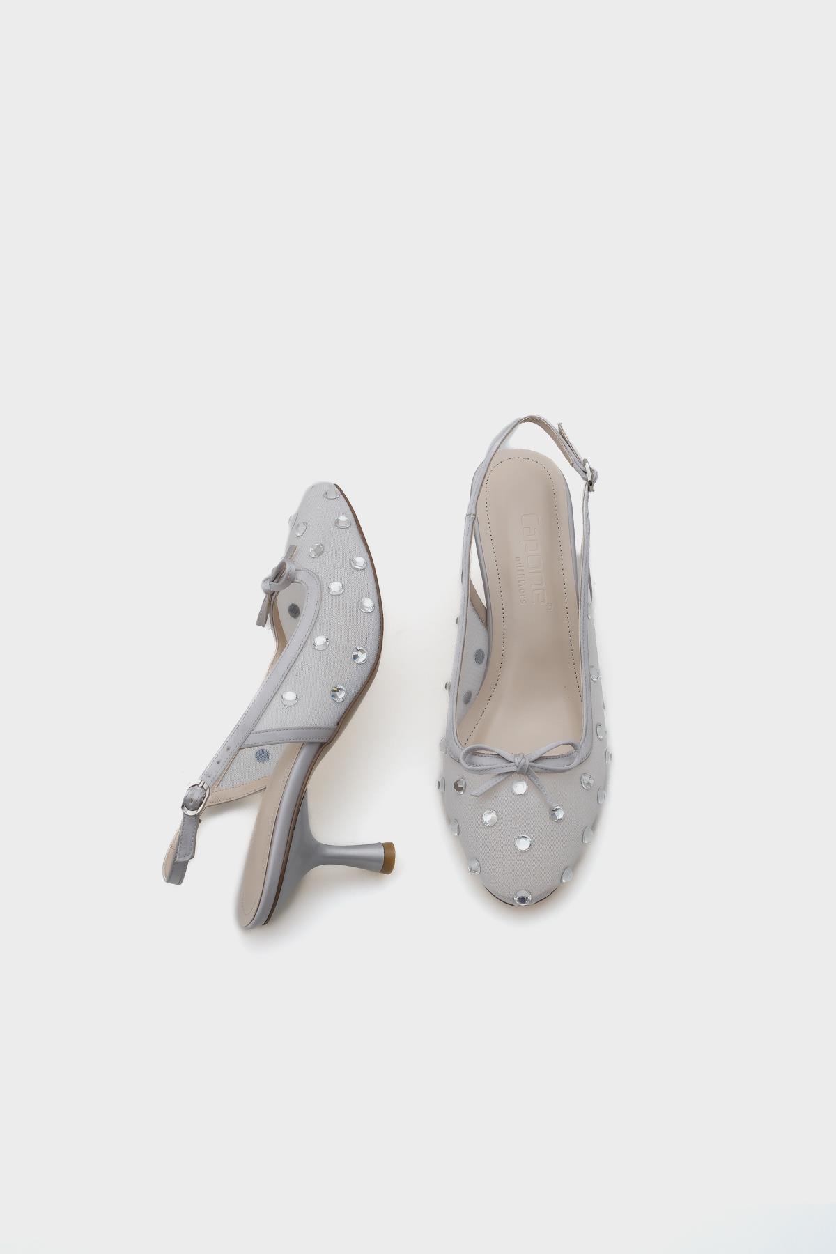 Capone Mesh Crystal Embellished Round Toe Back Strap Women Silver Shoes