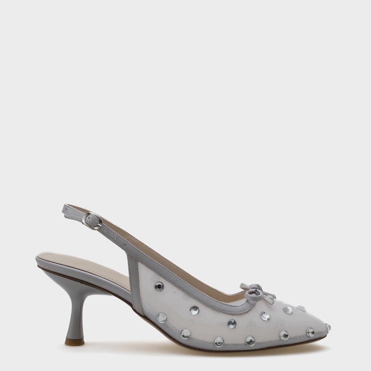 Capone Mesh Crystal Embellished Round Toe Back Strap Women Silver Shoes