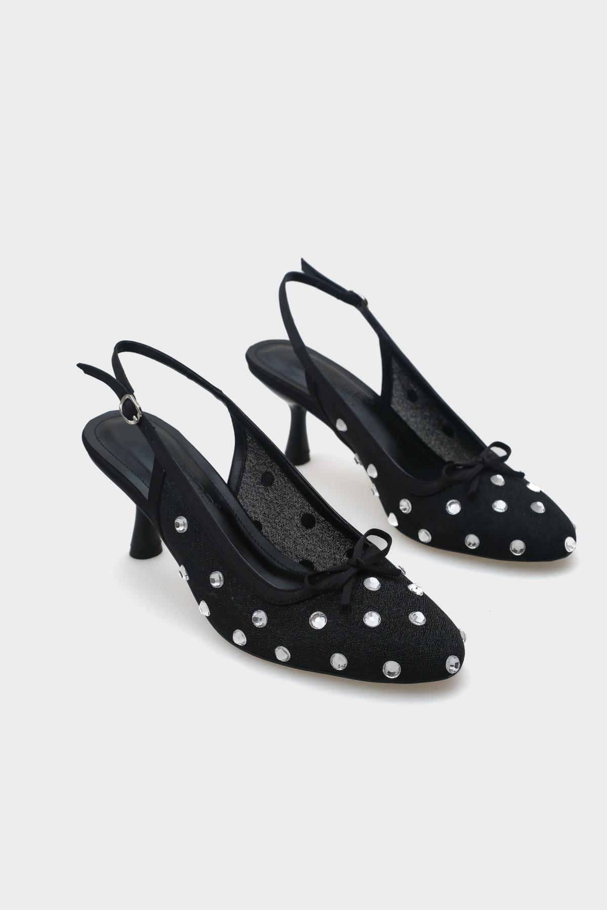 Capone Mesh Crystal Embellished Round Toe Back Strap Women Black Shoes