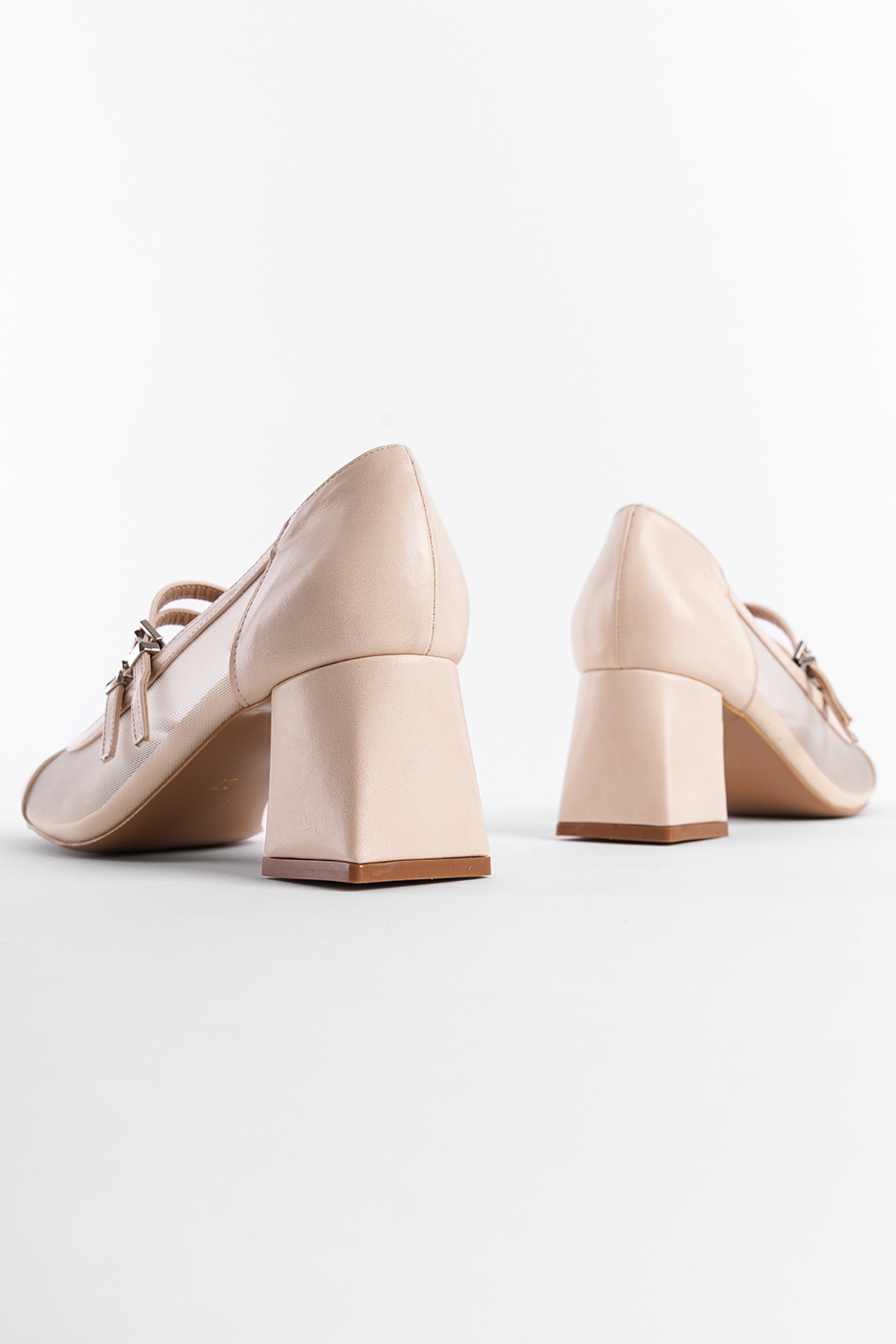 Capone Mesh Strapped Mid Heel Women Beige Shoes