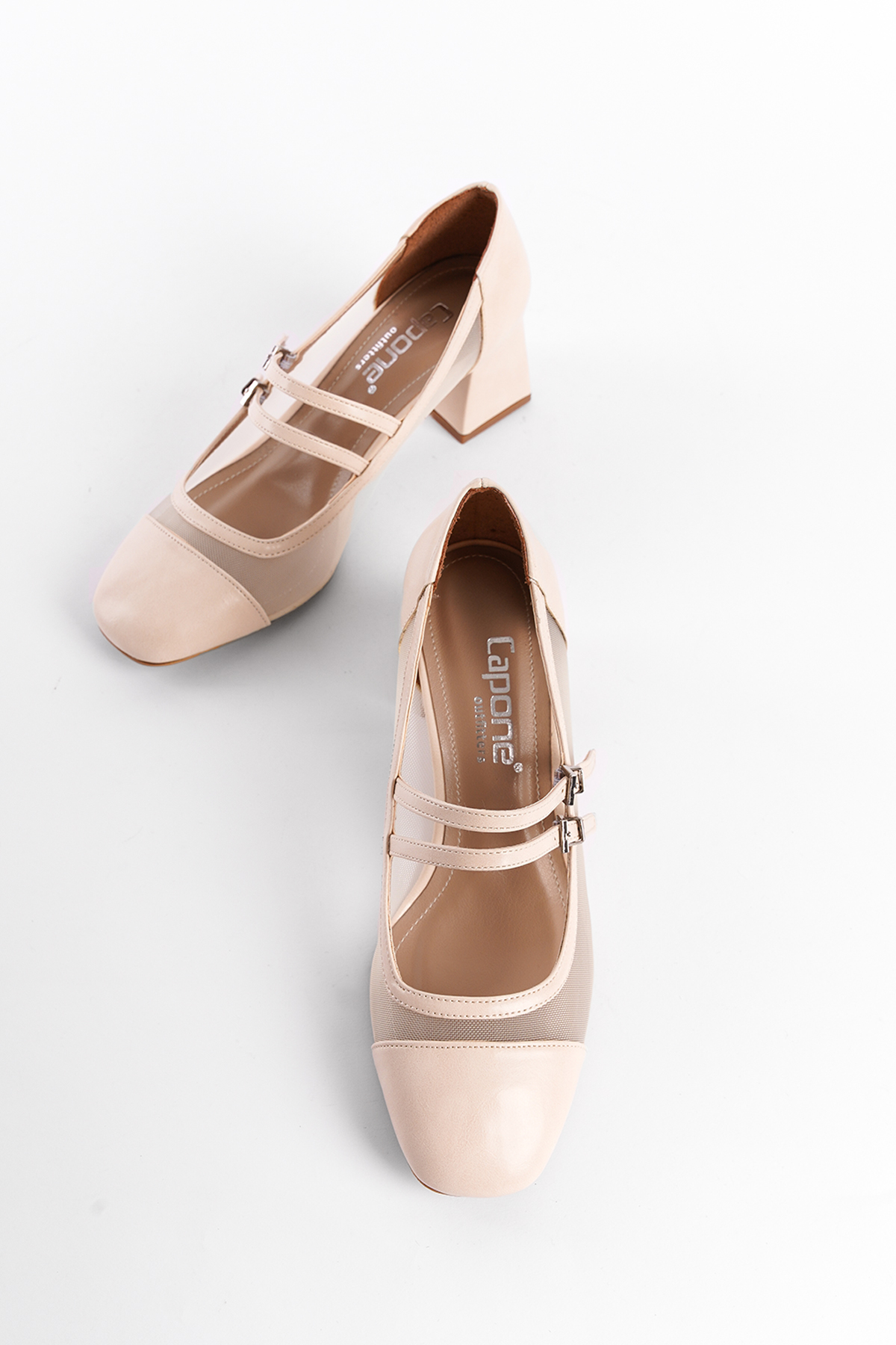 Capone Mesh Strapped Mid Heel Women Beige Shoes