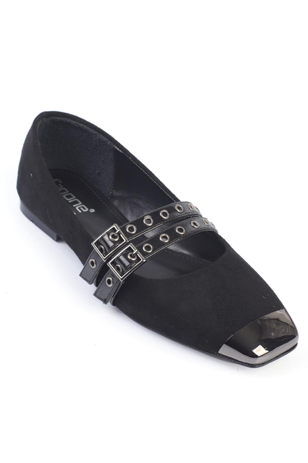 Capone Metal Flat Toe Crystal Embellished Women Black Ballerinas