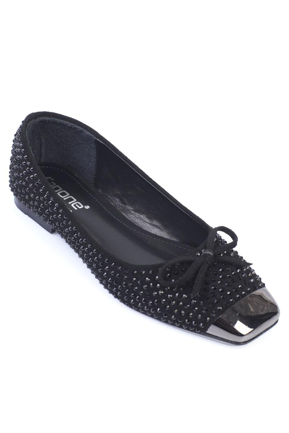 Capone Metal Flat Toe Crystal Embellished Women Black Ballerinas