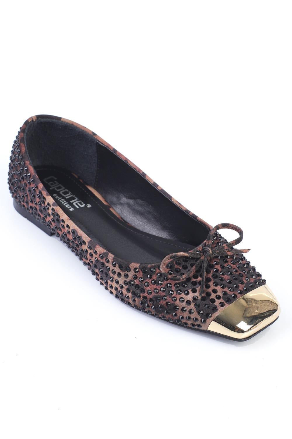 Capone Metal Flat Toe Crystal Embellished Women Leopard Ballerinas