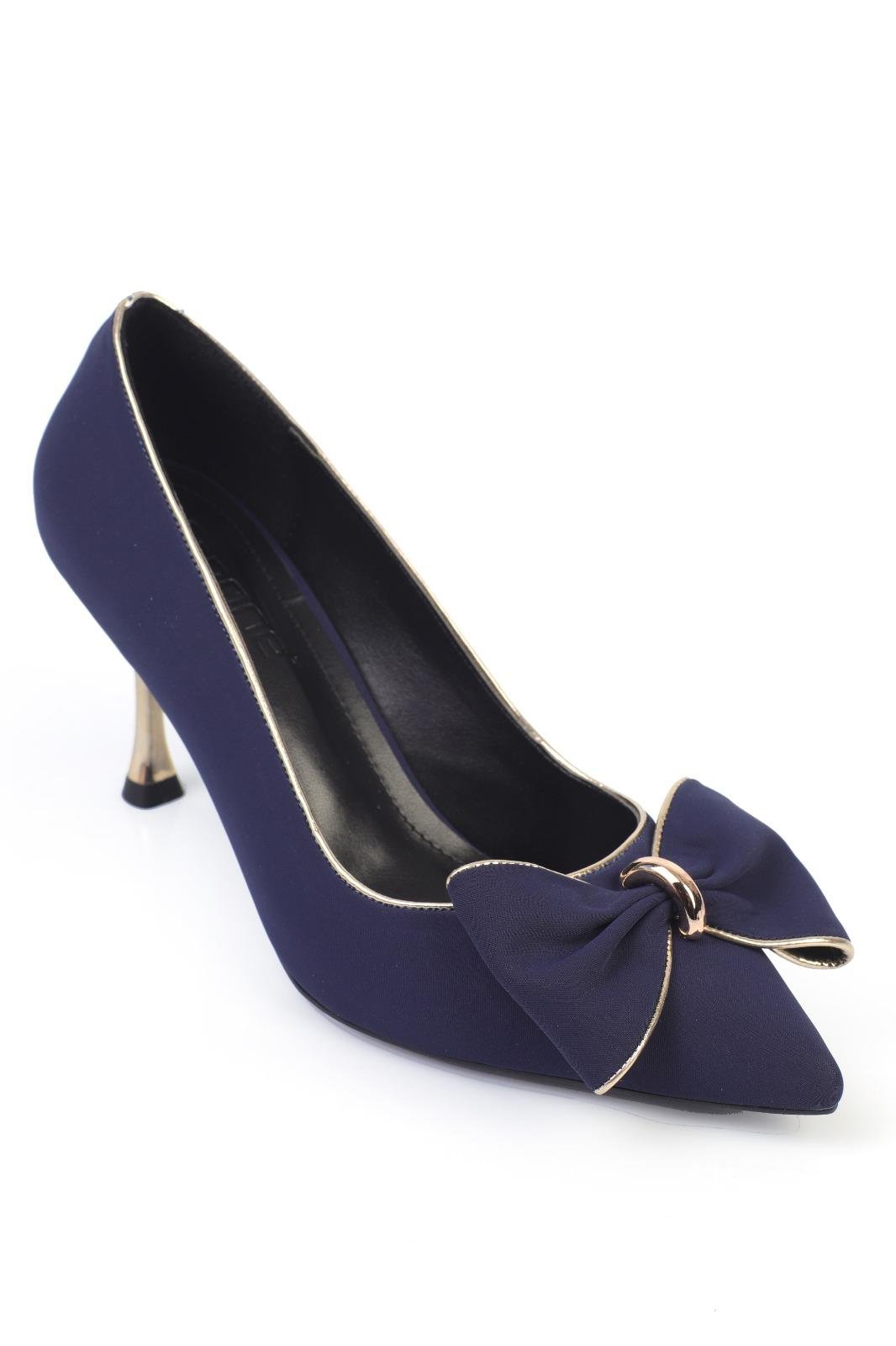 Capone Metal Mid-Heeled Bow Tie Satin Women Navy Shoes