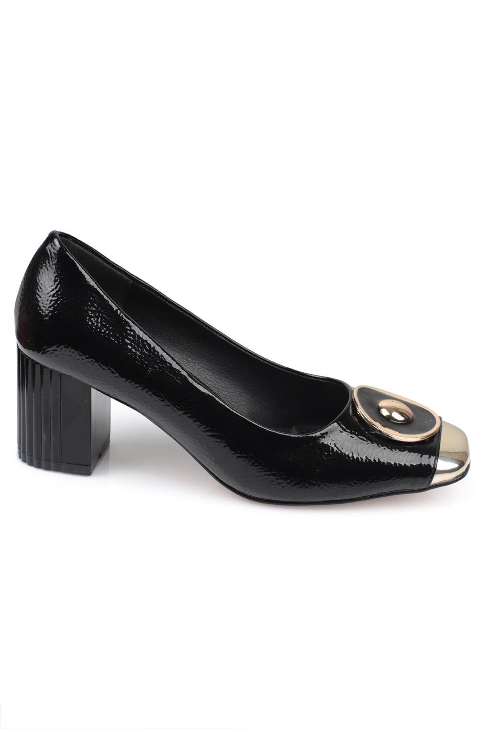 Capone Metalic Blunt Toe Block Mid Heel Chic Women Black Shoes