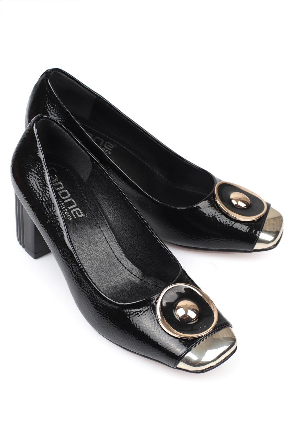 Capone Metalic Blunt Toe Block Mid Heel Chic Women Black Shoes