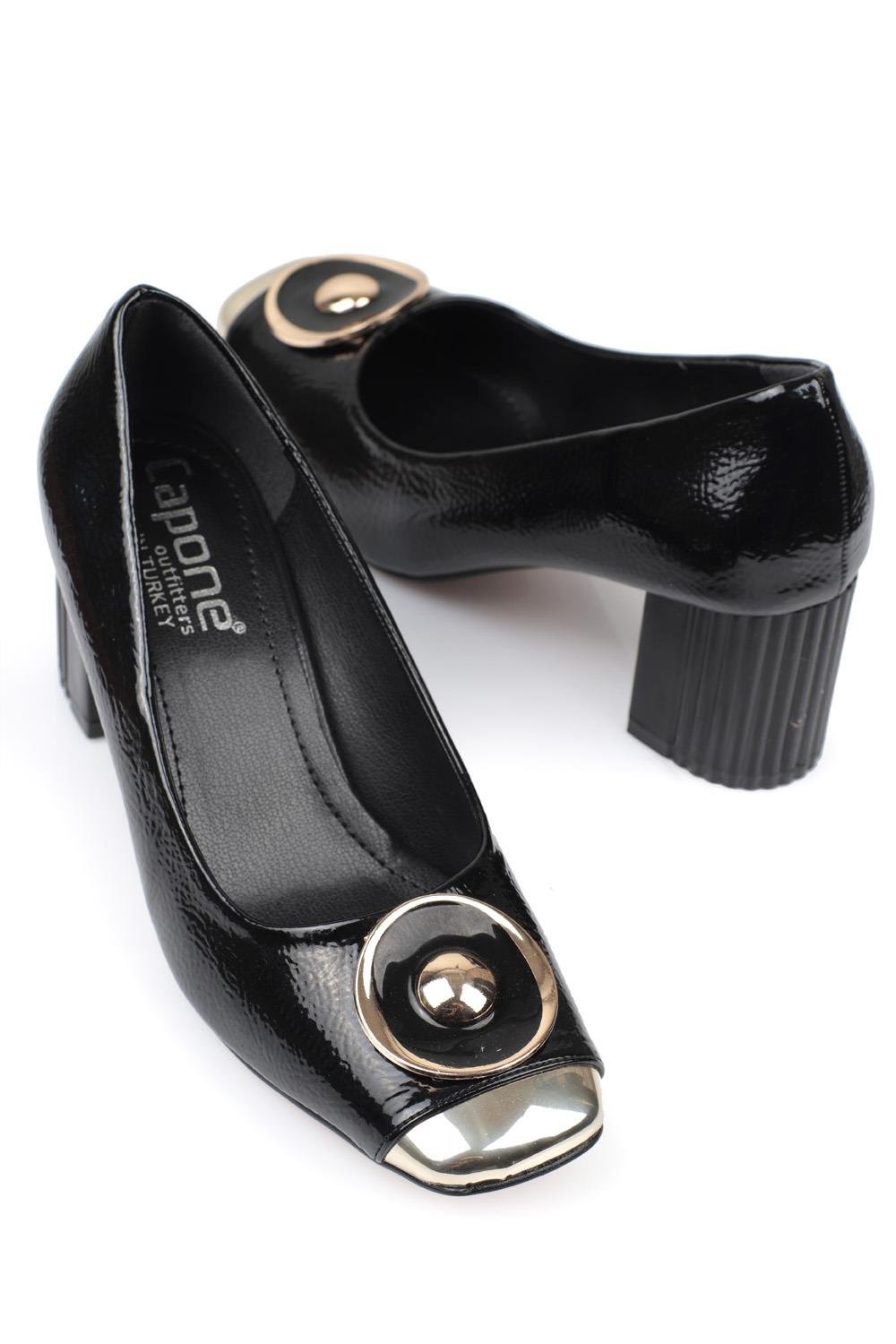 Capone Metalic Blunt Toe Block Mid Heel Chic Women Black Shoes