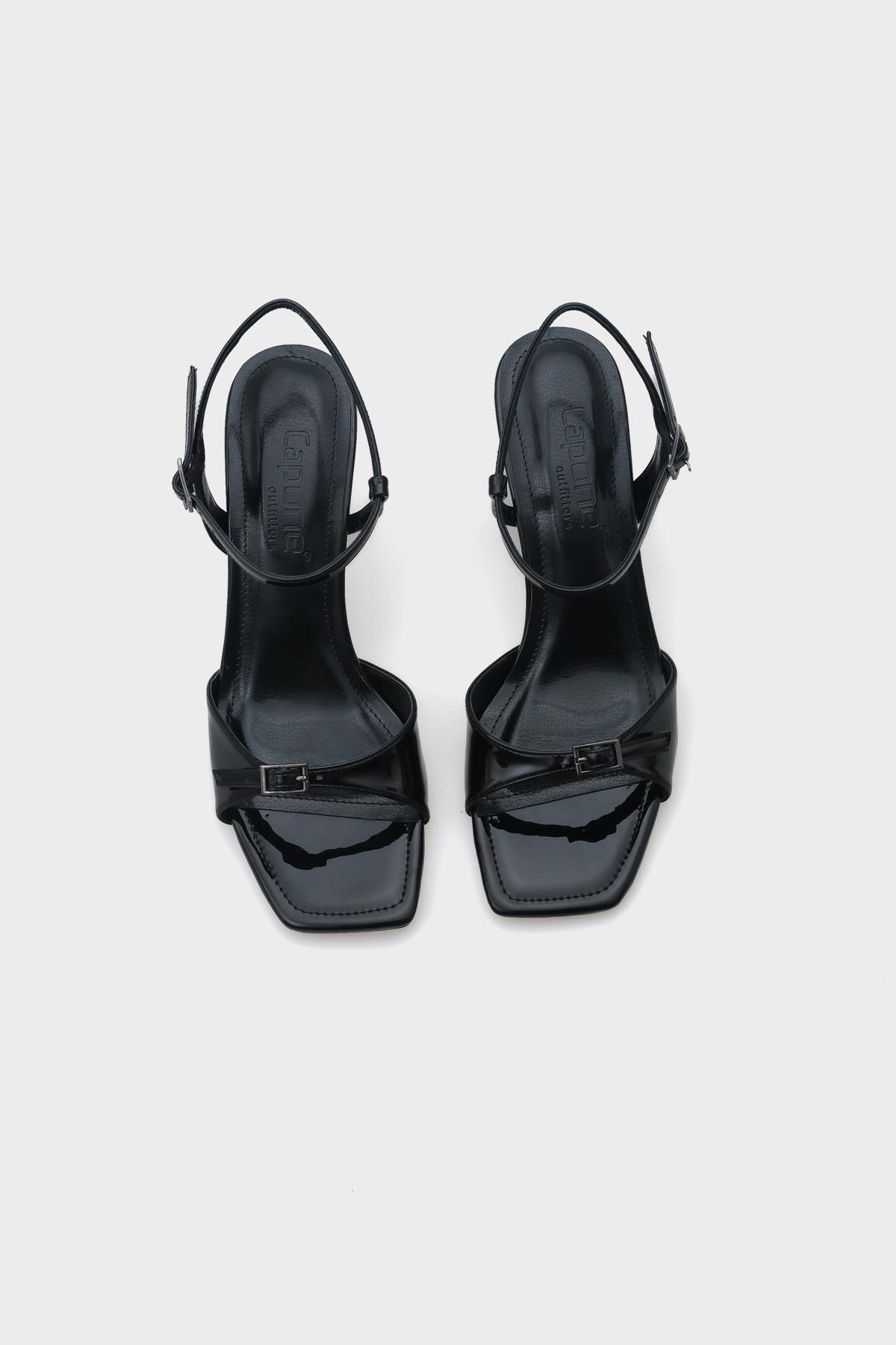 Capone Mid Heel Ankle Strap Buckled Women Patent Black Sandals