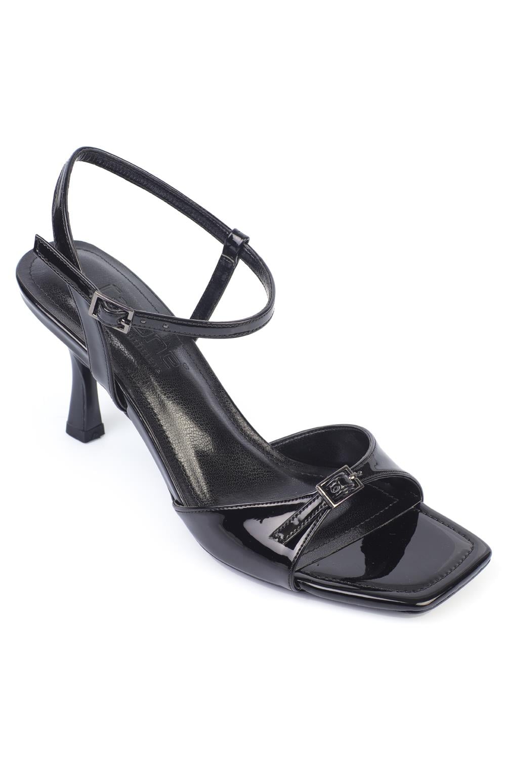 Capone Mid Heel Ankle Strap Buckled Women Patent Black Sandals