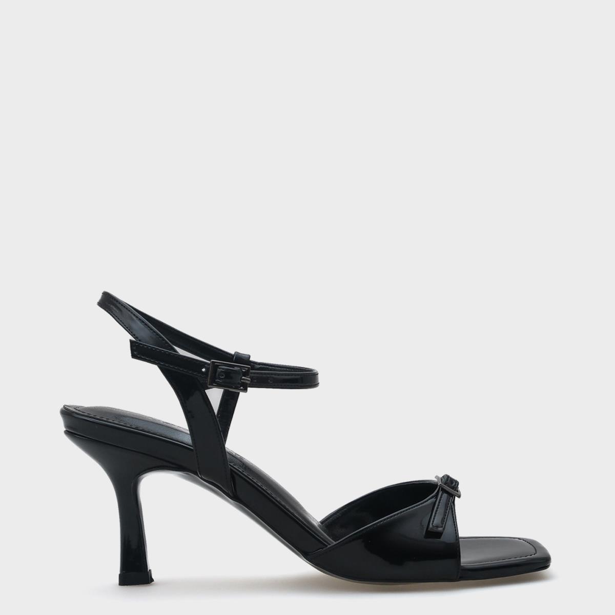 Capone Mid Heel Ankle Strap Buckled Women Patent Black Sandals