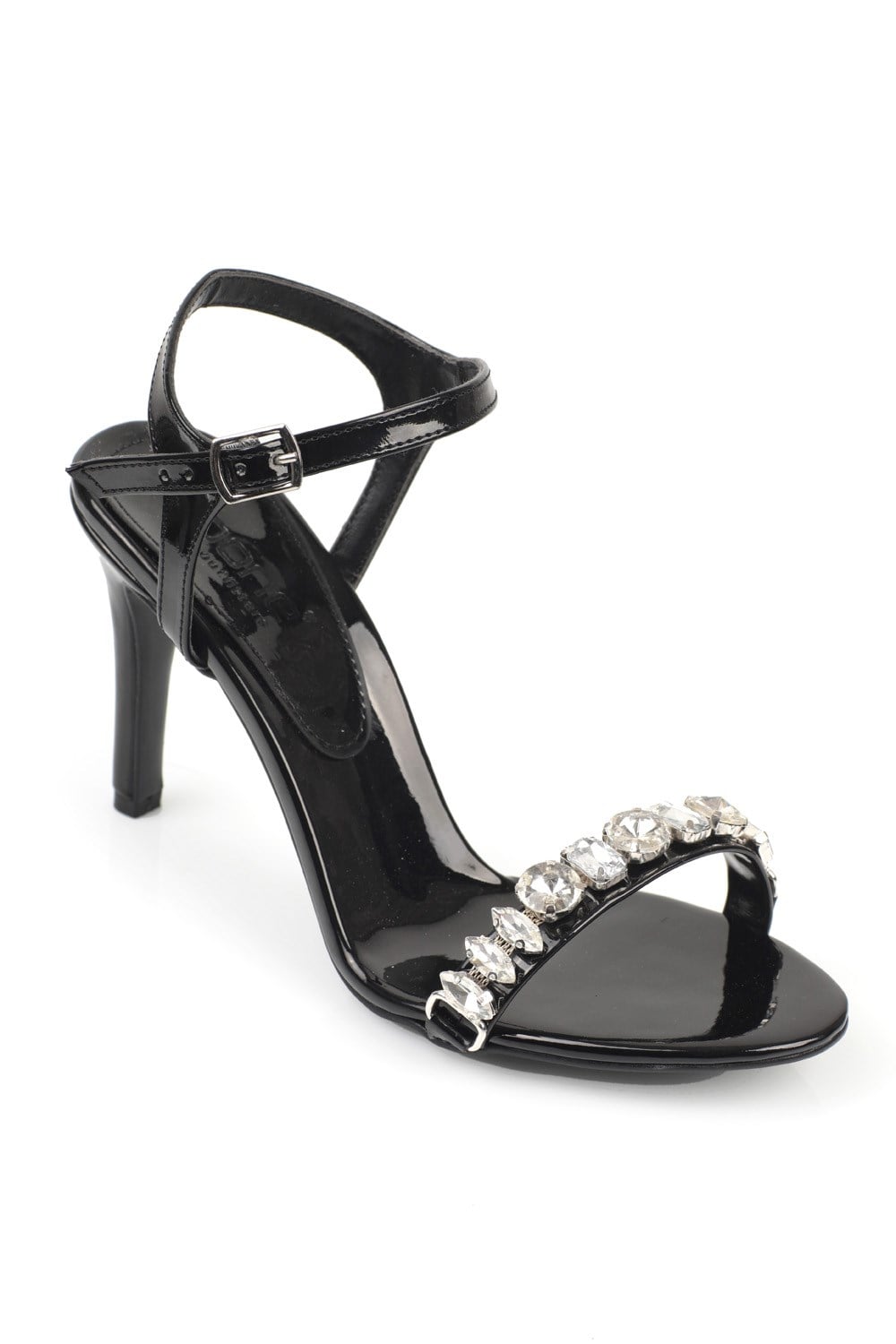 Capone Mid Heel Ankle Strap Crystal Embellished Single Band Women Black Sandals