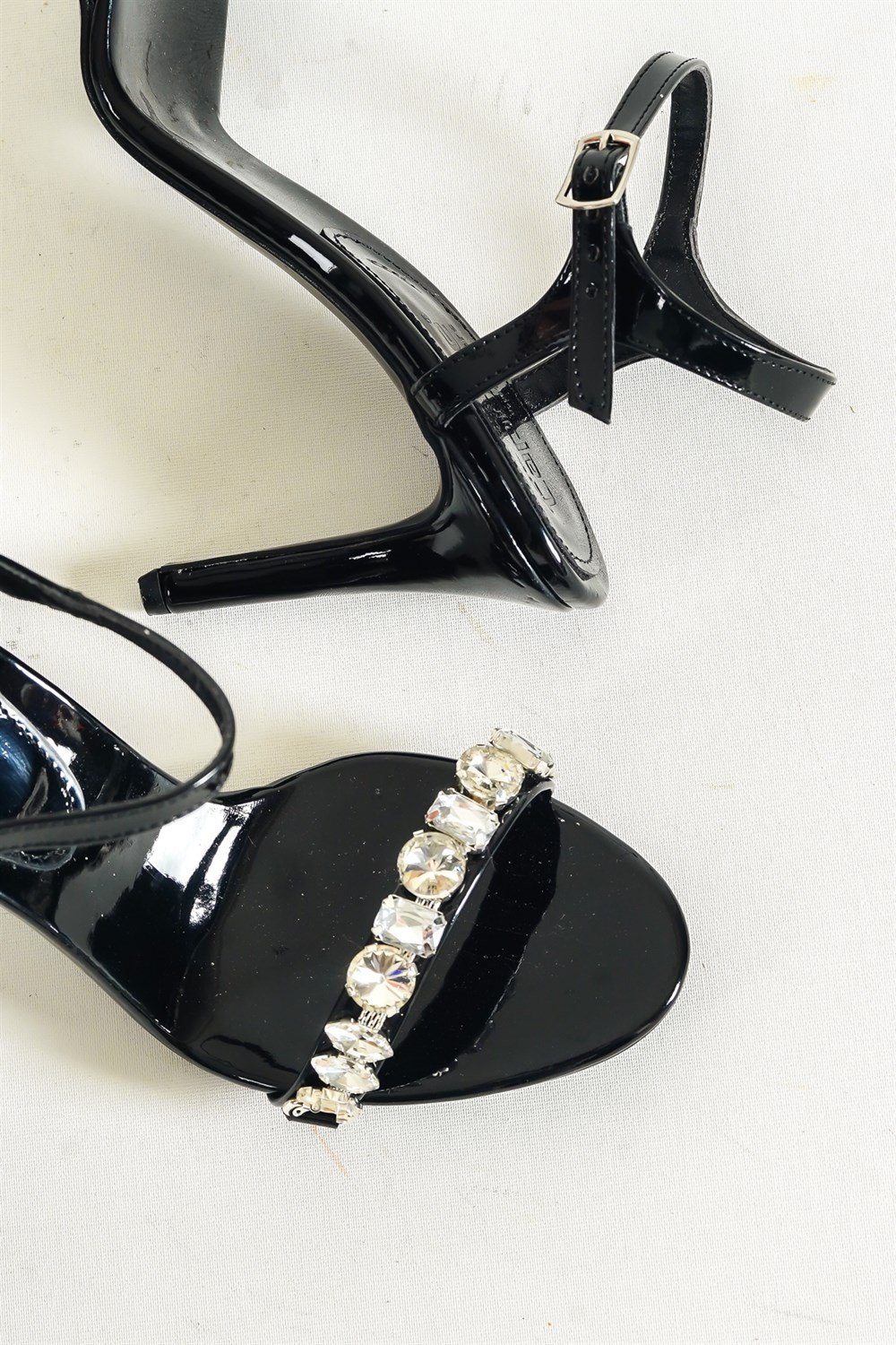 Capone Mid Heel Ankle Strap Crystal Embellished Single Band Women Black Sandals