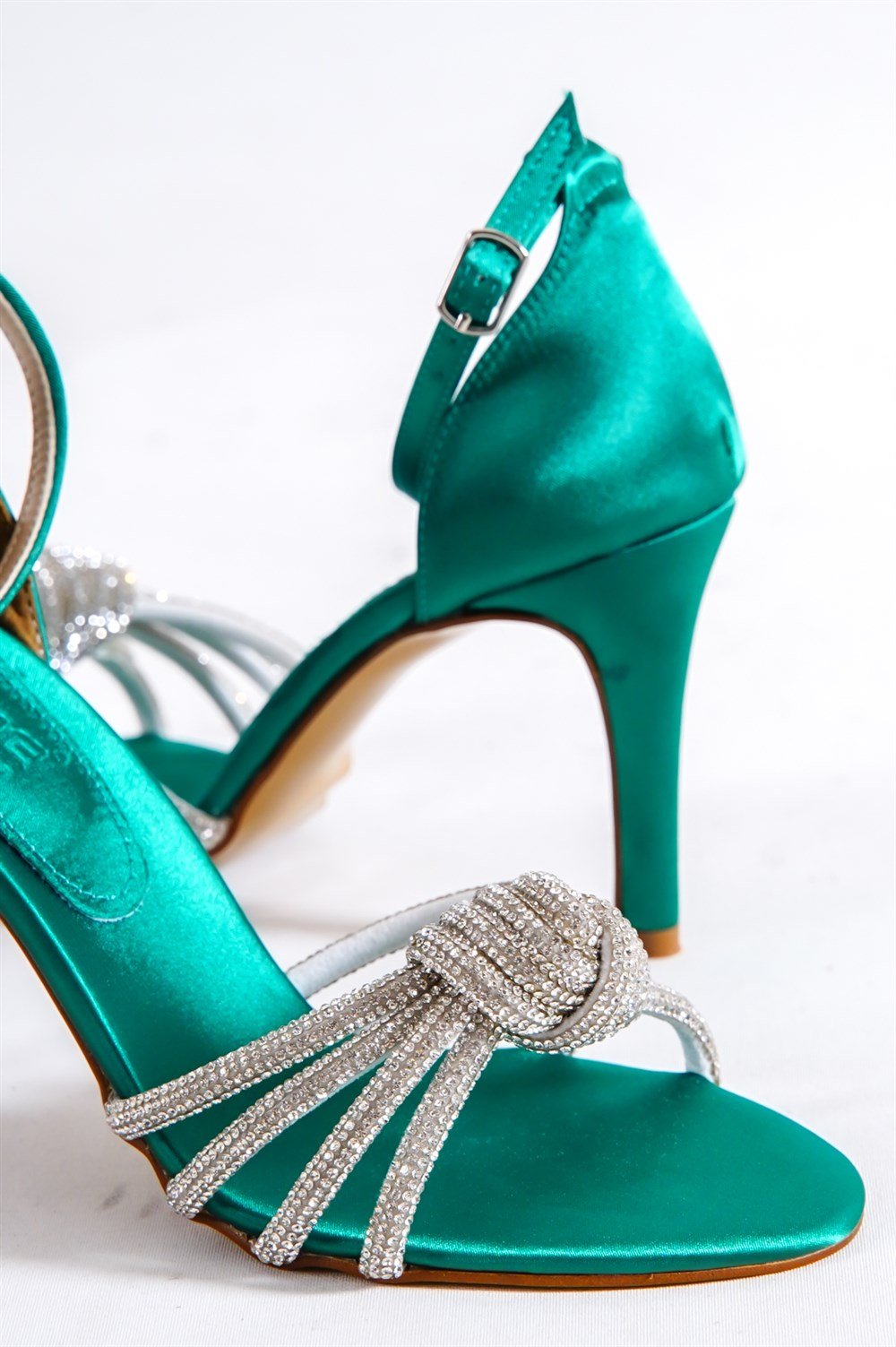 Capone Mid Heel Crystal Embellished Band Satin Women Dark Green Sandals
