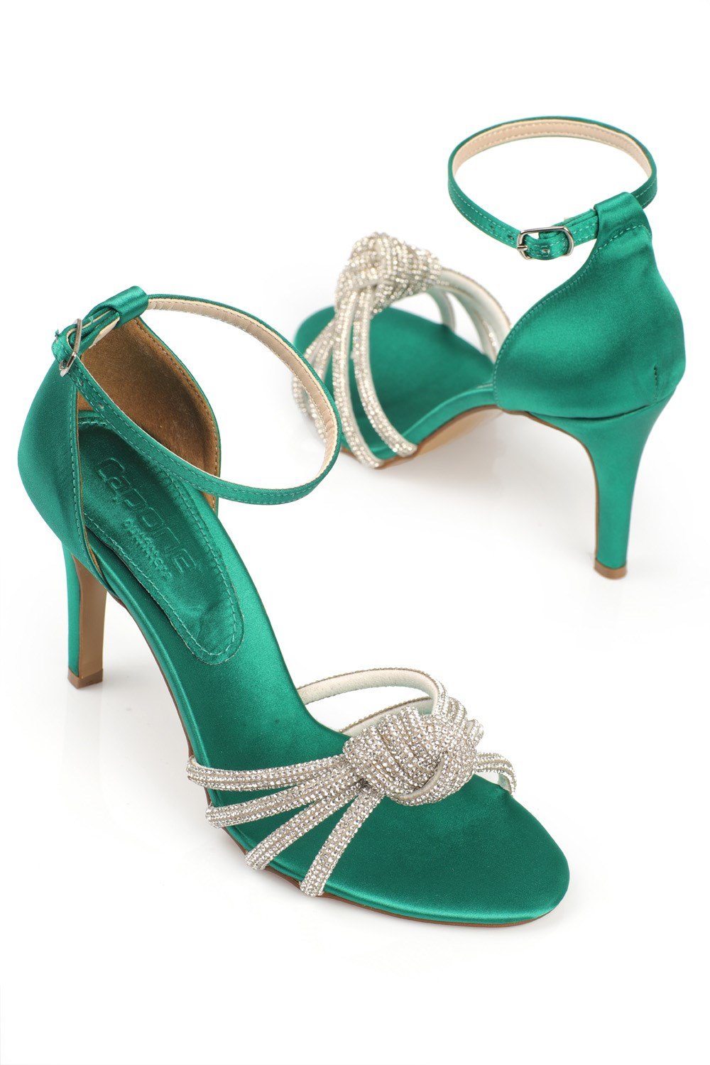 Capone Mid Heel Crystal Embellished Band Satin Women Dark Green Sandals
