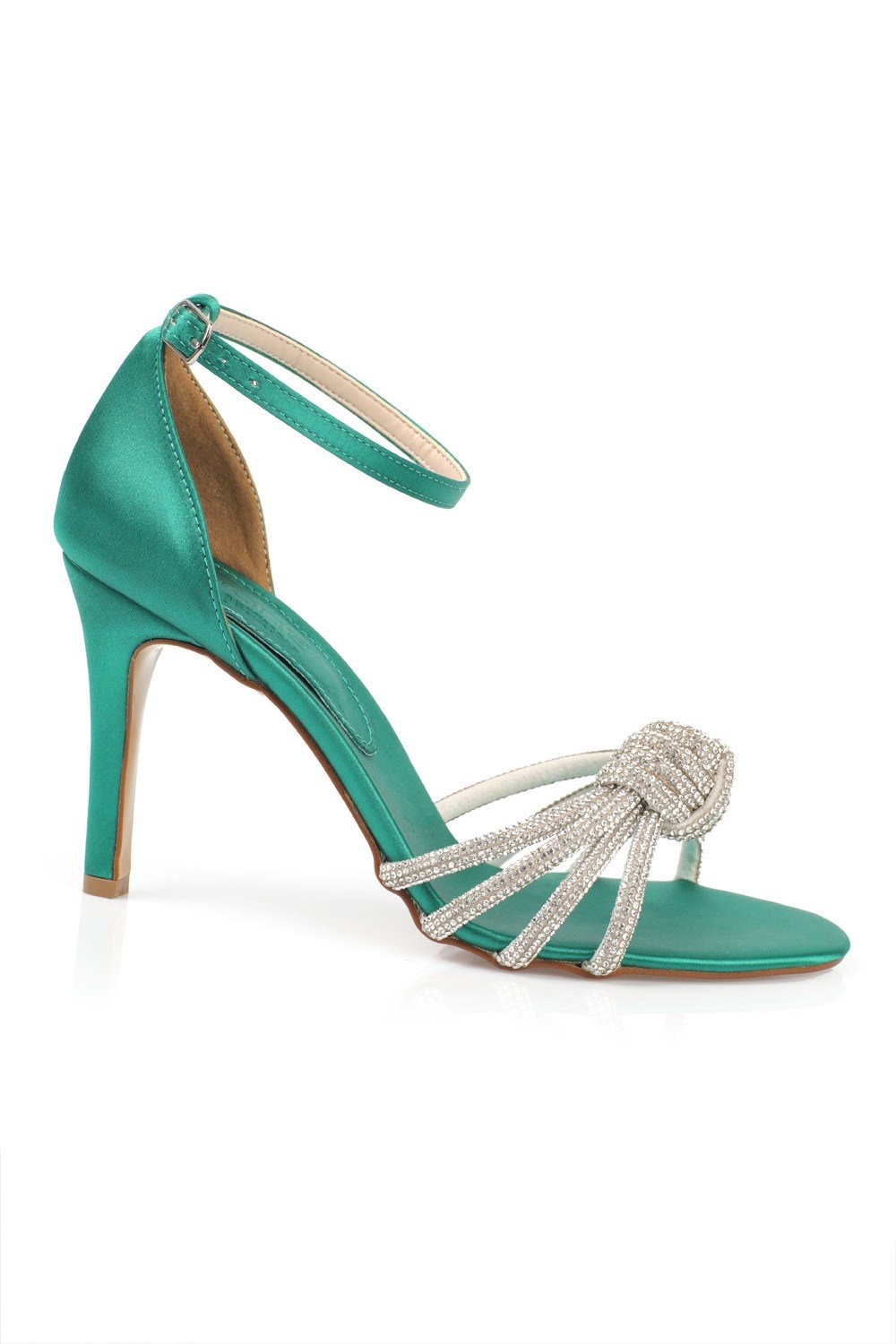 Capone Mid Heel Crystal Embellished Band Satin Women Dark Green Sandals